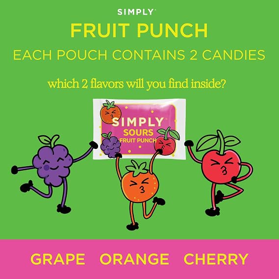SIMPLY Sours Fruit Punch Sour Hard Candy, 50 Individualy Wrapped Packets (2 Candies Each), Bulk Candy, Vegan, Non-GMO, No Corn Syrup, No Artificial Colors or Flavors