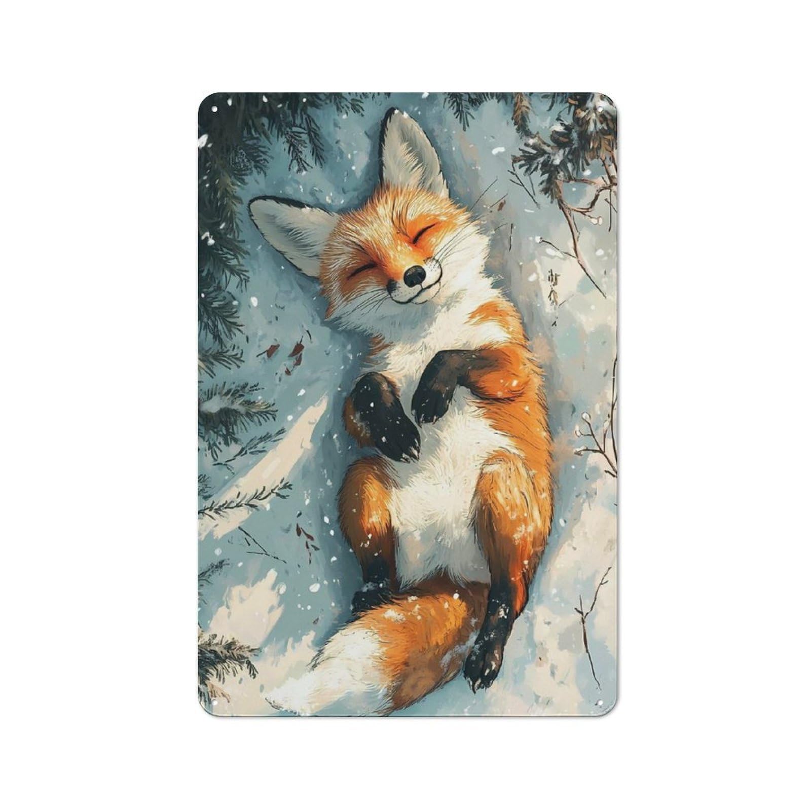 Junmoney Winter Fox In Snow Metal Sign 30X20cm With For Pub Or Café, Retro Decor, For Cooler-Month Interiors With Retro Character