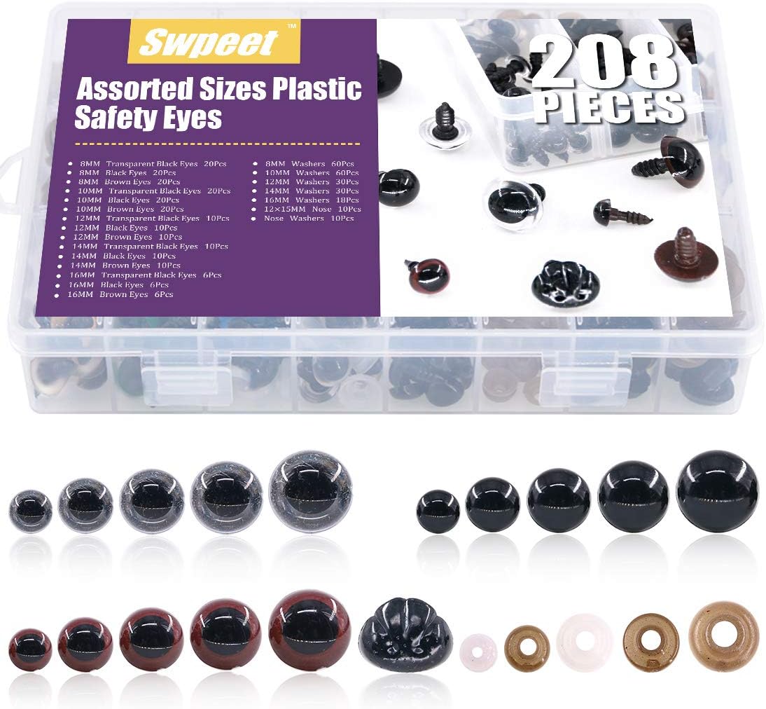 ◕‿◕ Swpeet 198 Pcs Assorted Sizes 3 Color Plastic Safety Eyes and 10 Pcs Noses Set for Doll, Puppet, Plush Animal Making and Teddy Bear