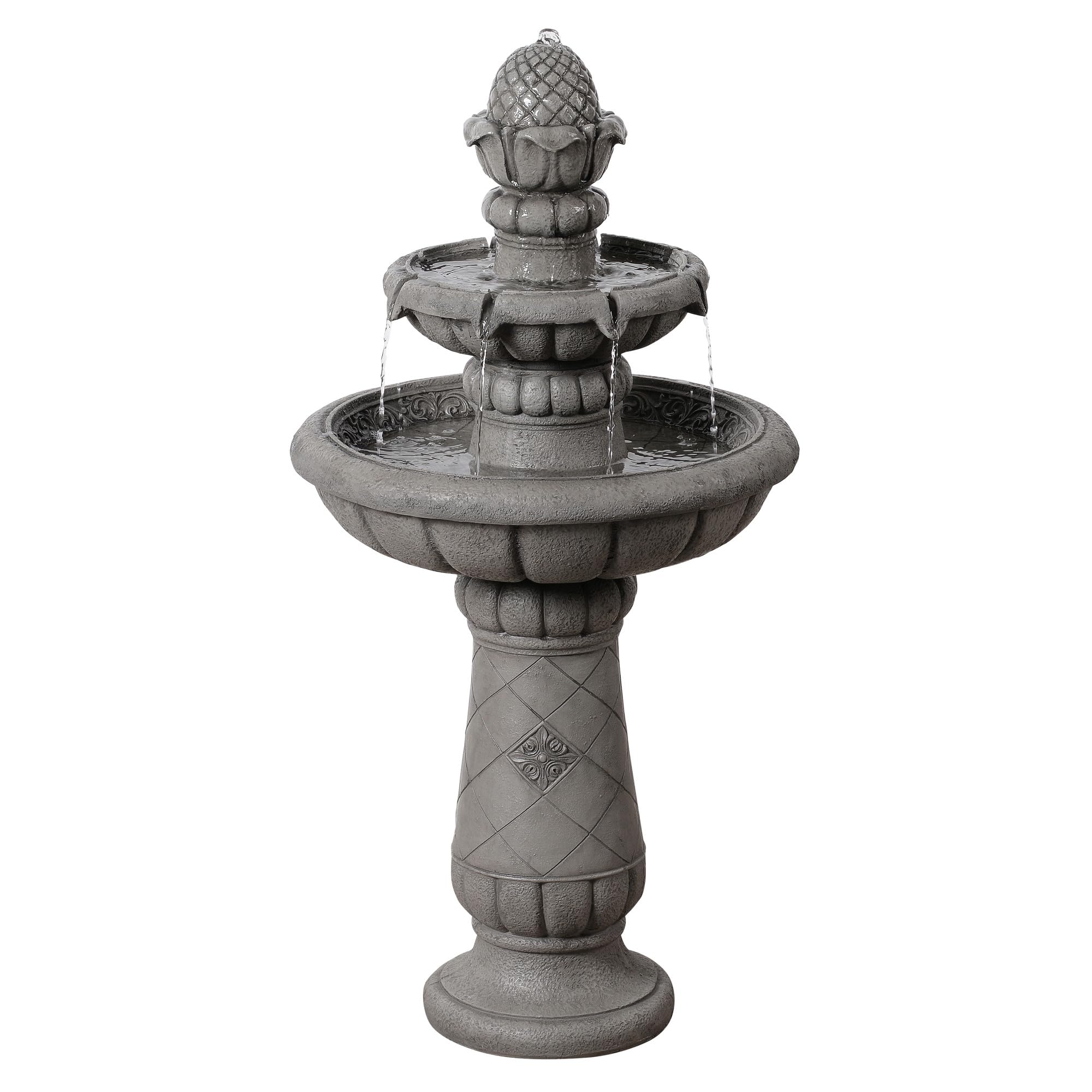 Teamson Home Fontaine Bain d’Oiseaux extérieure 99 cm à 2 Niveaux, Bassin Peu Profond, Finition Pierre Gris Clair, Flux Doux