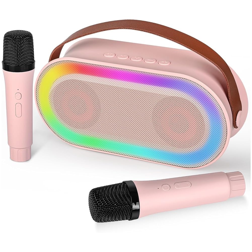 Mini Karaoke, przenośny zestaw głośników Bluetooth z 2 mikrofonami bez i światłami LED (różowy)