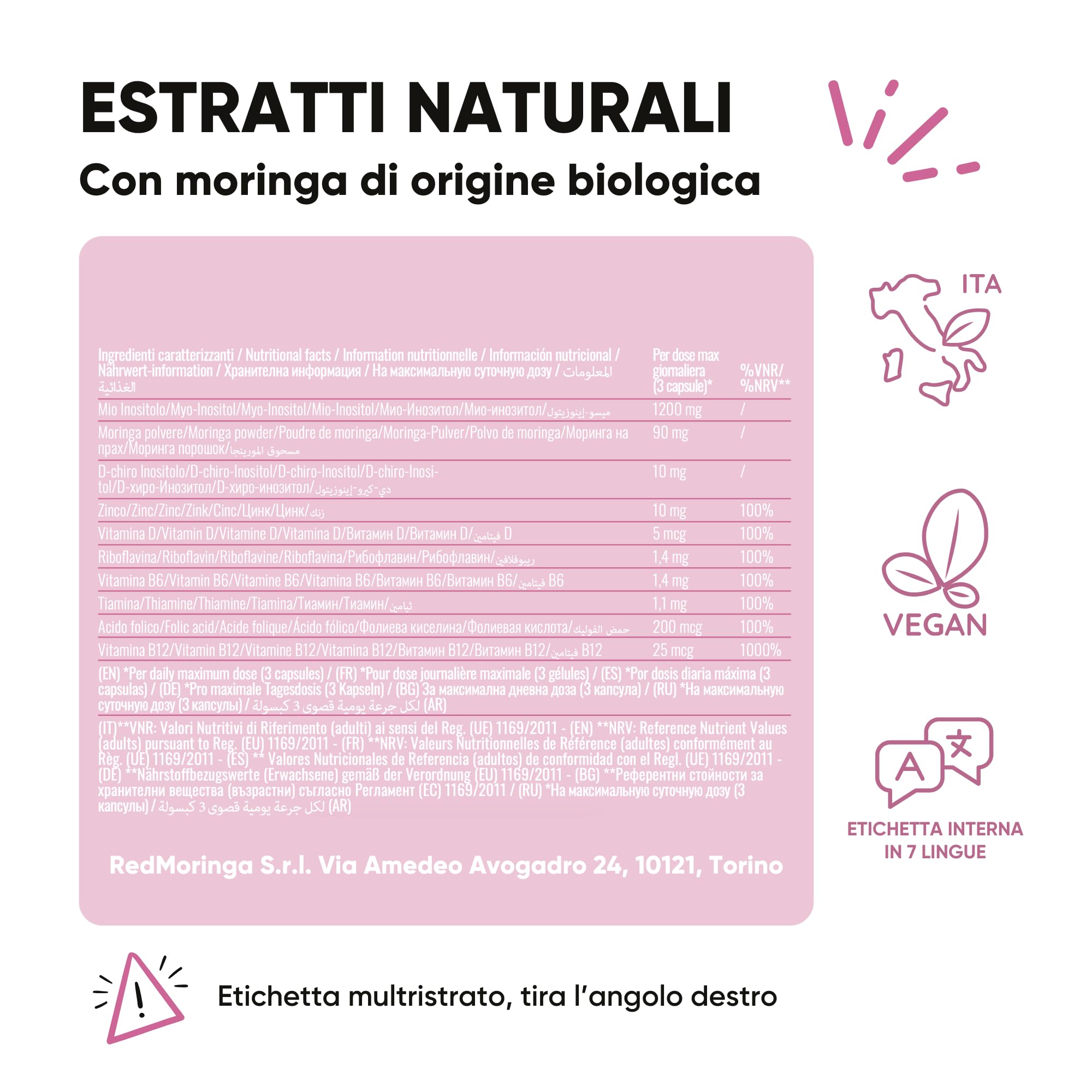 Myo INOSITOLO + DChiro per PCOS con Acido Folico, Vitamine B12, B6, D e Moringa BIO | Integratore Woman Balance Ovaio Policistico, Regolarità Ciclo, Migliore Ovulazione | 90 Capsule - RedMoringa