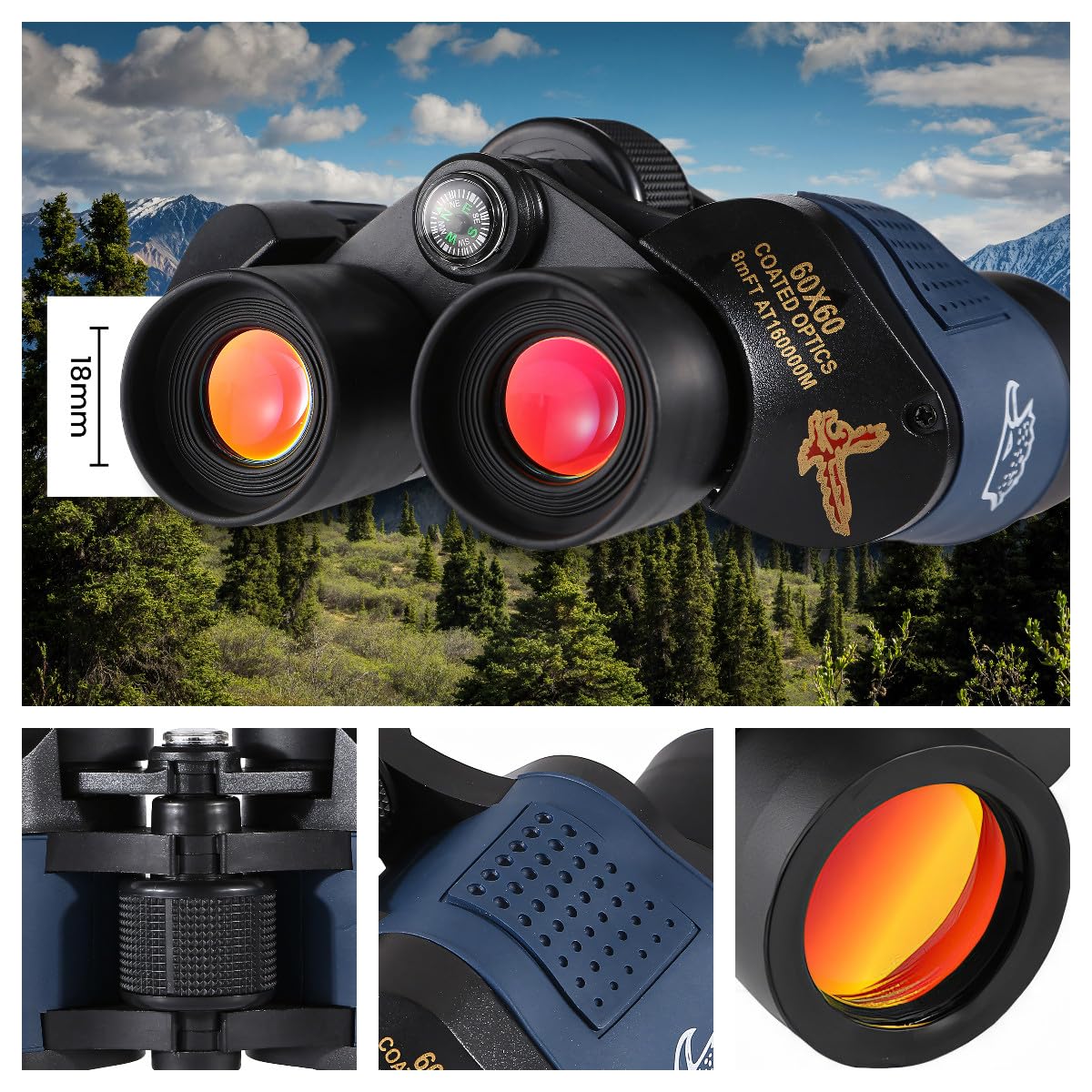 Retoo Prismáticos de 60 x 60 HD, compactos, resistentes al agua, ligeros, antideslizantes, con zoom y regulación de enfoque, resistentes a los golpes y a la suciedad, ideales para observación de aves