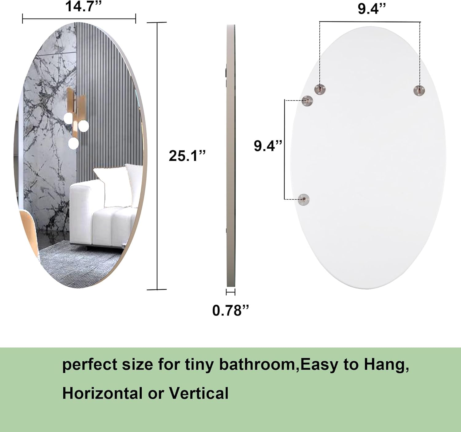 Wall Mounted Dressing Mirror, Frameless Oval Vanity Mirror, Makeup Mirror for Bathroom, Bedroom, Living Room, Horizontal or Vertical