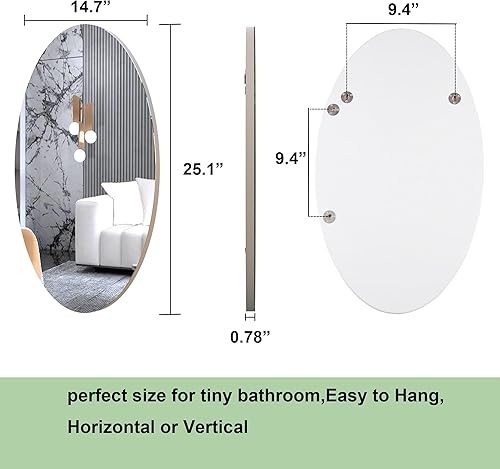 Miniatura 2 de Espejo de tocador montado en la pared, espejo ovalado sin marco, espejo de maquillaje para baño, dormitorio, sala de estar, horizontal o vertical