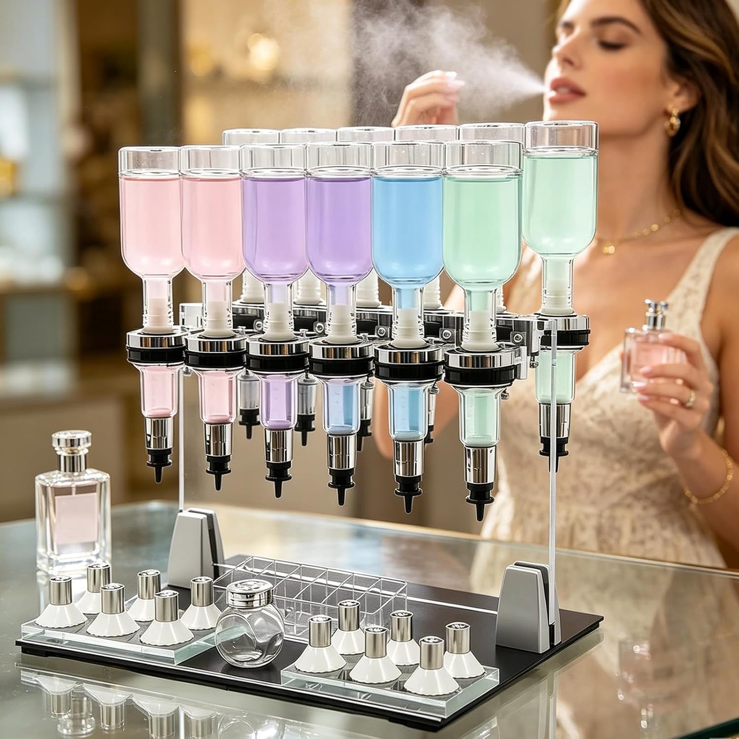 KEhtu Ręczna maszyna do napełniania perfum z butelkami o pojemności 200 ml – precyzyjna regulacja przepływu, stojak na testery perfum, kubek do testowania zapachów w zestawie – do sklepów, barów i