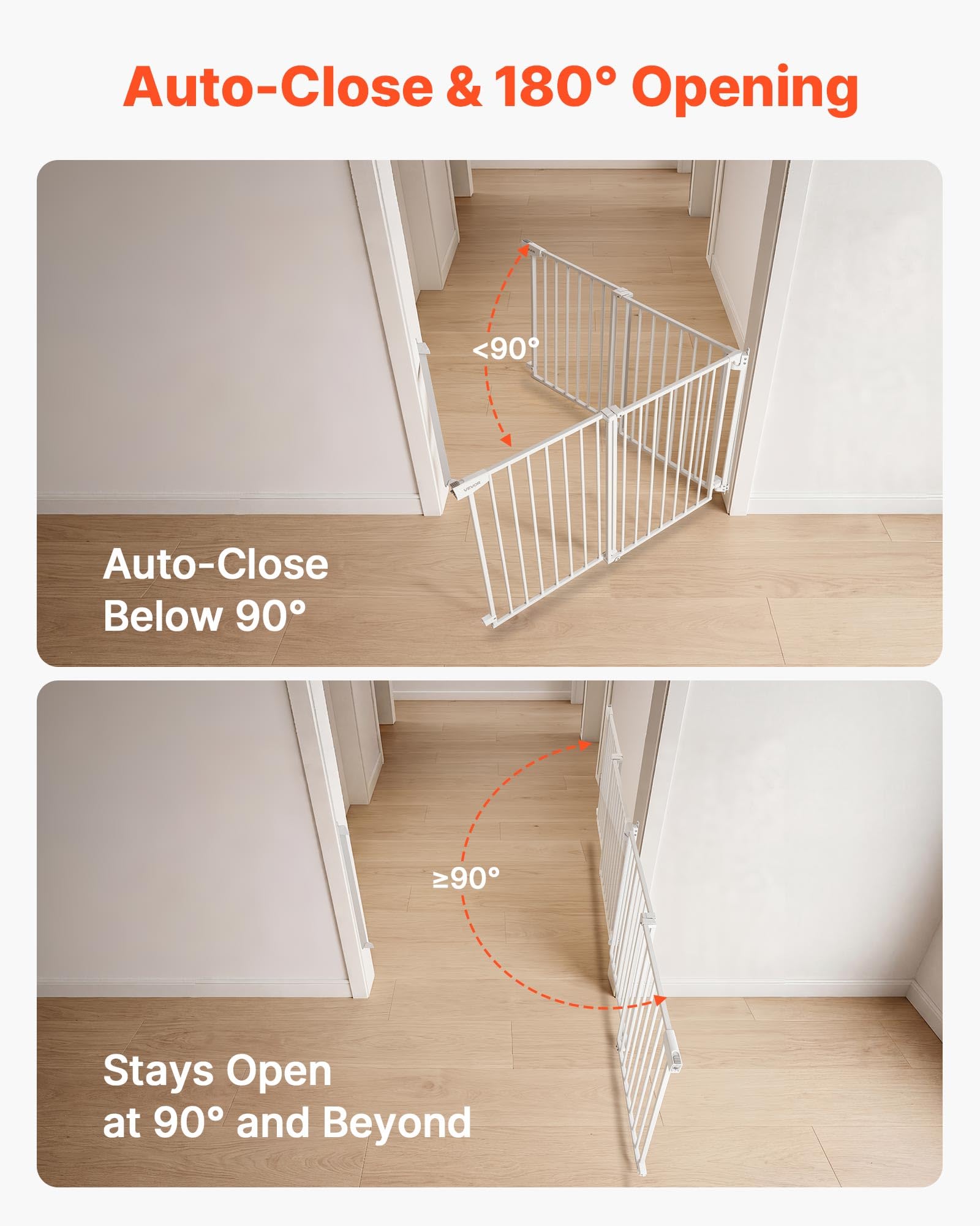 VEVOR Barrera de Seguridad para Niños, Alto de 760 mm, Ajustable de 778-1210 mm, Valla de Seguridad para Mascotas, Cierre Automático Apertura 180° Bloqueo Doble, Kit de Instalación, para Escaleras