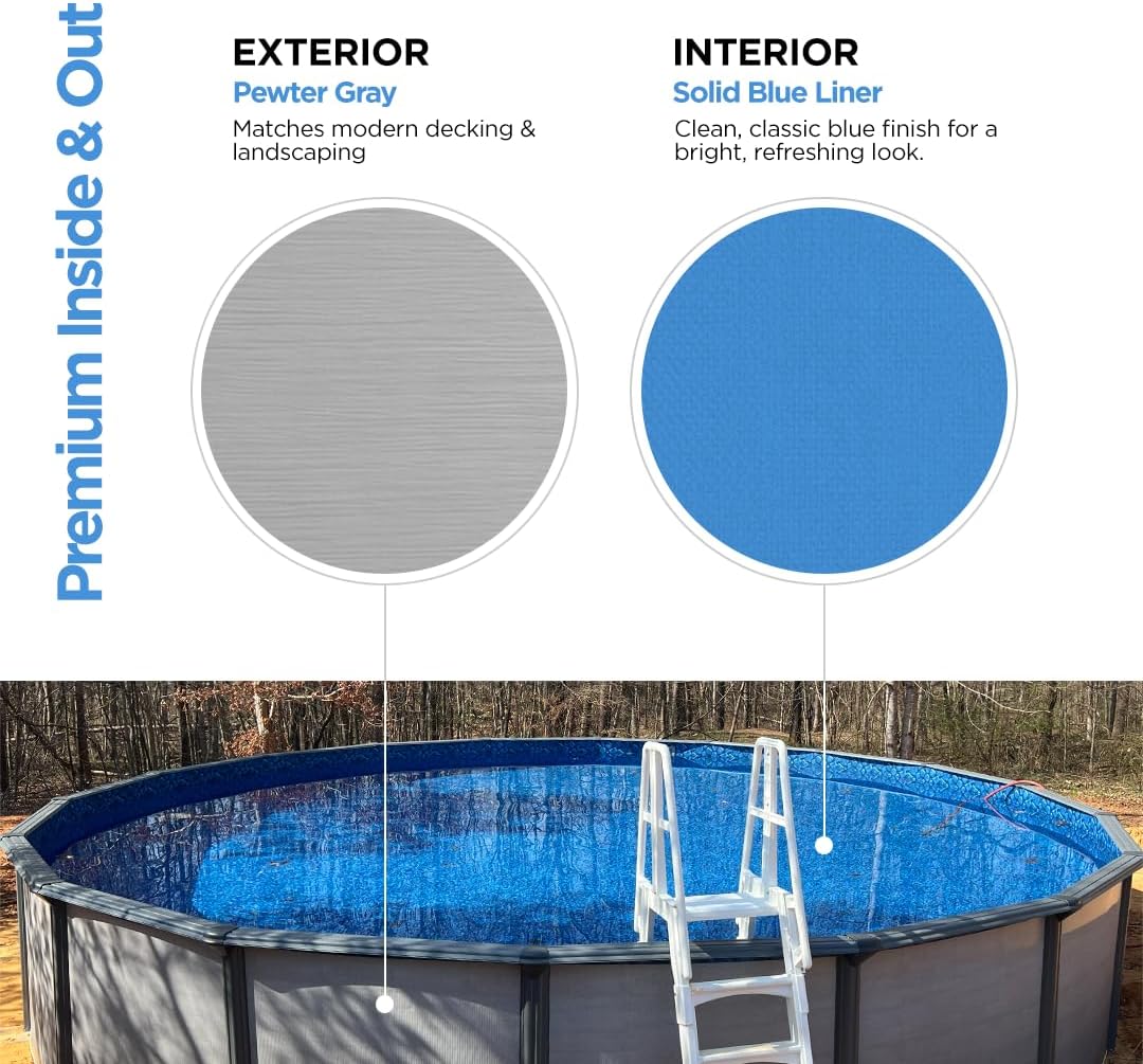 AquaDoc Coventry Round Steel Wall Above Ground Pool Kit 27' x 52" in Pewter Gray Finish with Wide Mouth Skimmer and Solid Blue Overlap Liner Classic Package - Made in North America