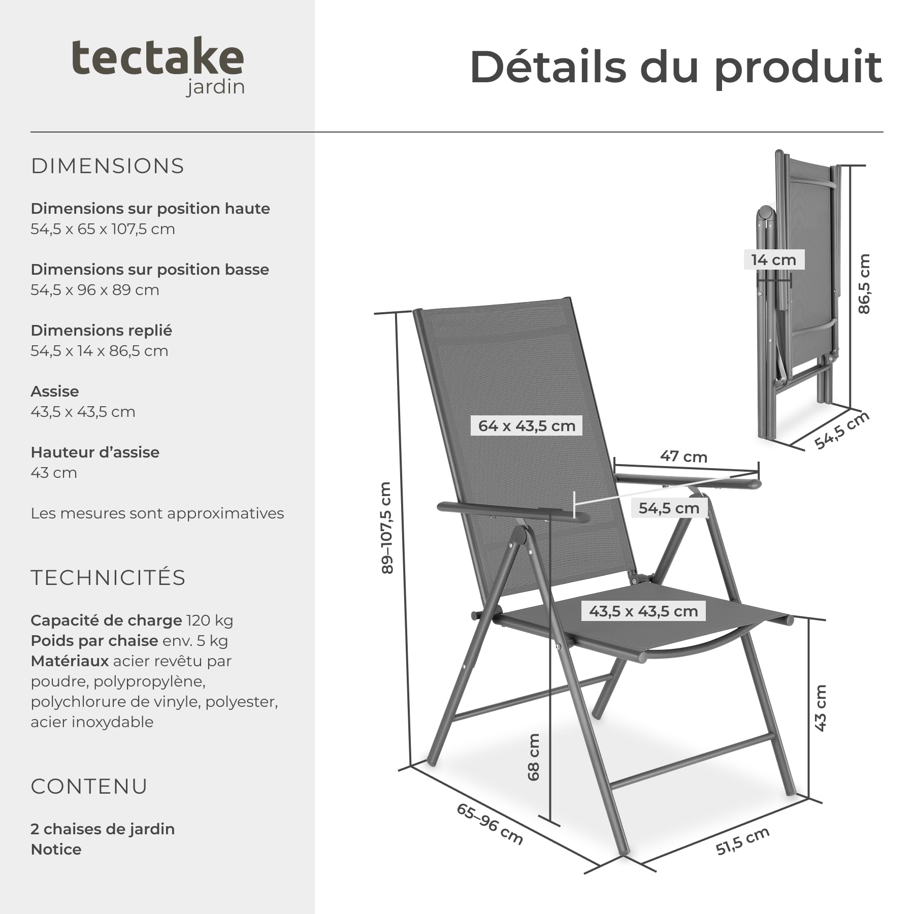tectake® Chaise de Jardin Pliable 54,5x65x107,5 cm, Lot de 2, Dossier inclinable 8 Positions, Tissu Textilène, Résistantes intempéries et UV, Chaise extérieure, Fauteuil de Jardin, Gris Anthracite