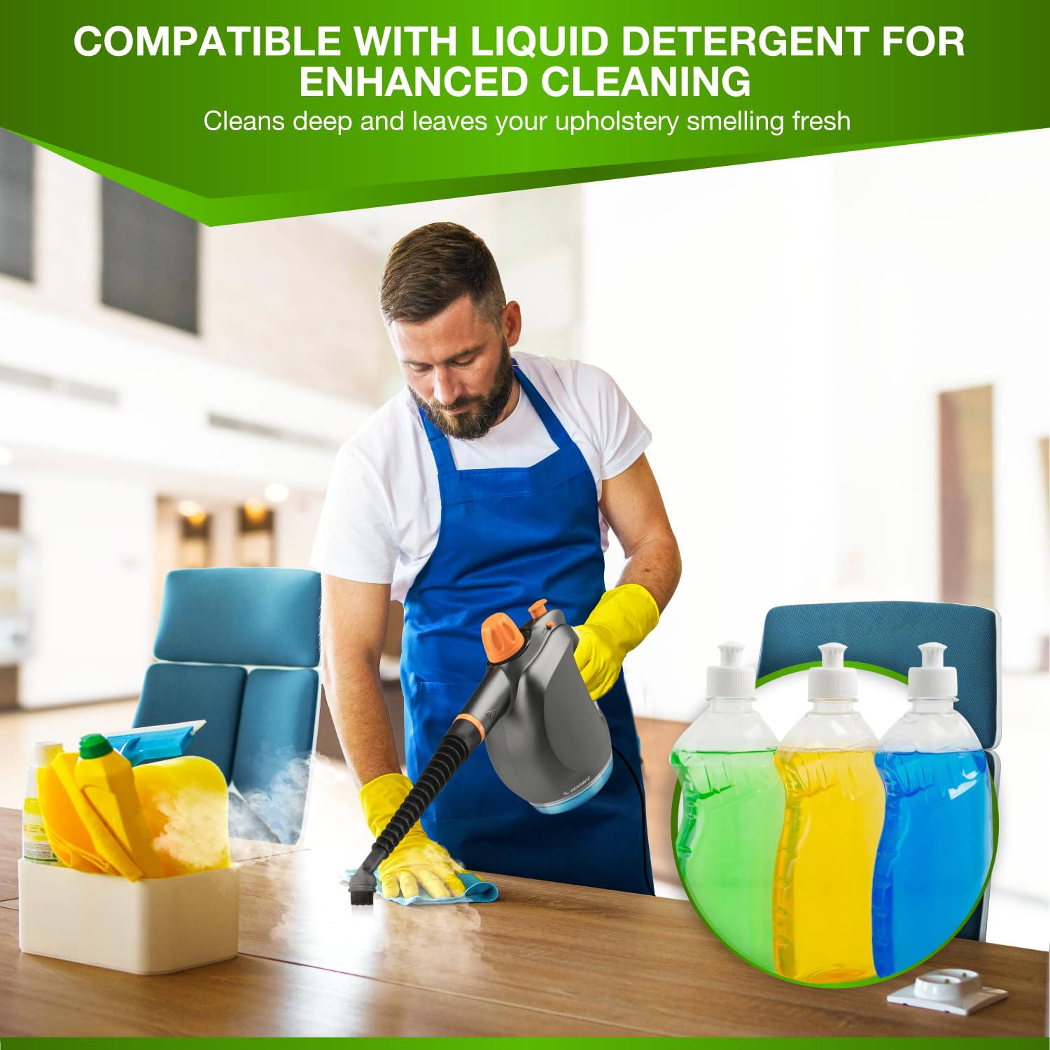 Gearwiz Pulitore a vapore portatile con contenitore detergente - Vapore multiuso ad alta pressione da 1250 W - Blocco vapore continuo, serbatoio grande, blocco di sicurezza - per casa, cucina, bagno