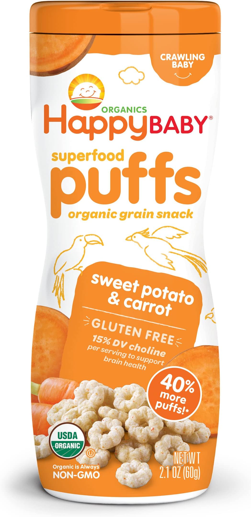 Happy Baby Organic Baby Food Superfood Puffs Sweet Potato & Carrot, 2.1 Ounce Organic Baby Or Toddler Snacks, Crunchy Fruit & Veggie Snack, Choline To Support Brain & Eye Health