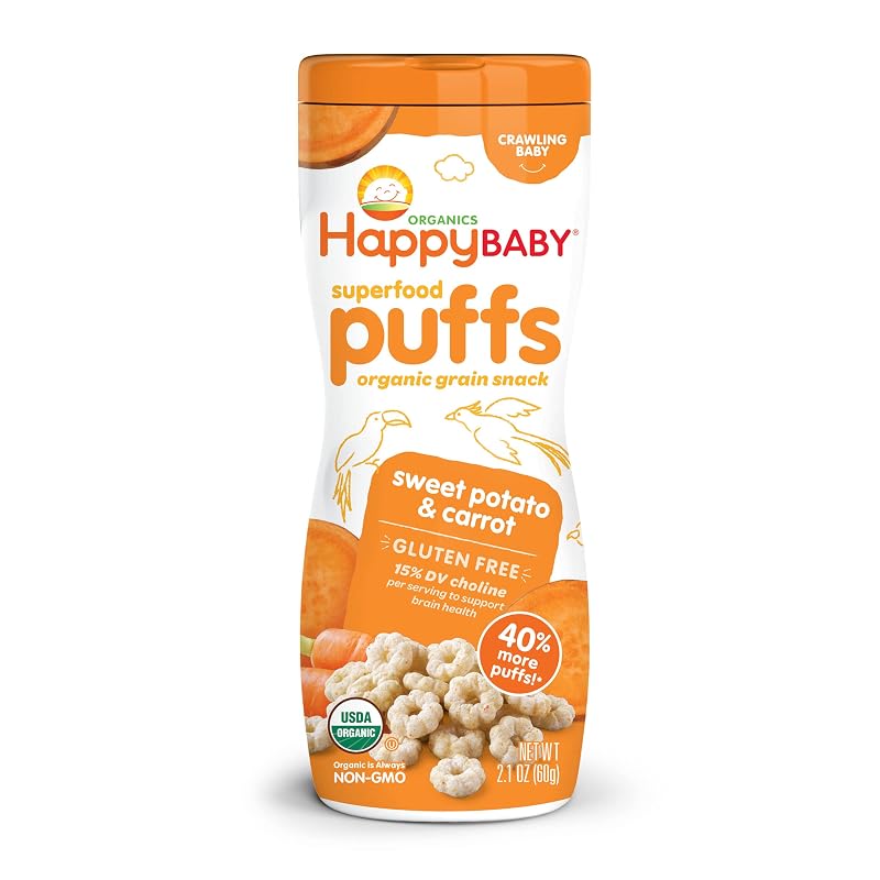 Happy Baby Organics Baby Snacks, Superfood Puffs, Gluten Free, Dairy Free & Vegan, Sweet Potato & Carrot, 2.1 Ounce (Pack of 6)