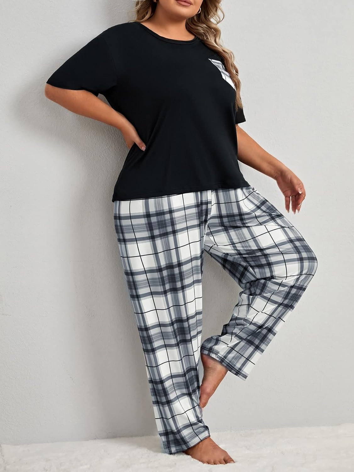 OYOANGLE Women's Plus Size 2 Piece Pajama Set Short Sleeve Shirt with Long Pajama Pant - Image 3