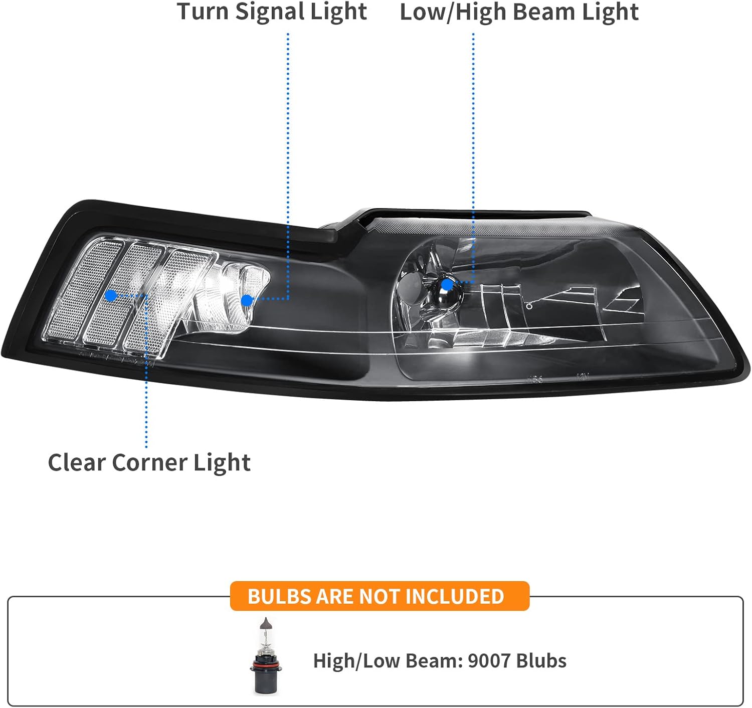 DWVO Headlight Assembly Compatible with 99 01 02 03 04 1999-2004 Ford Mustang Headlamp Headlights(Black Housing Clear Reflector)