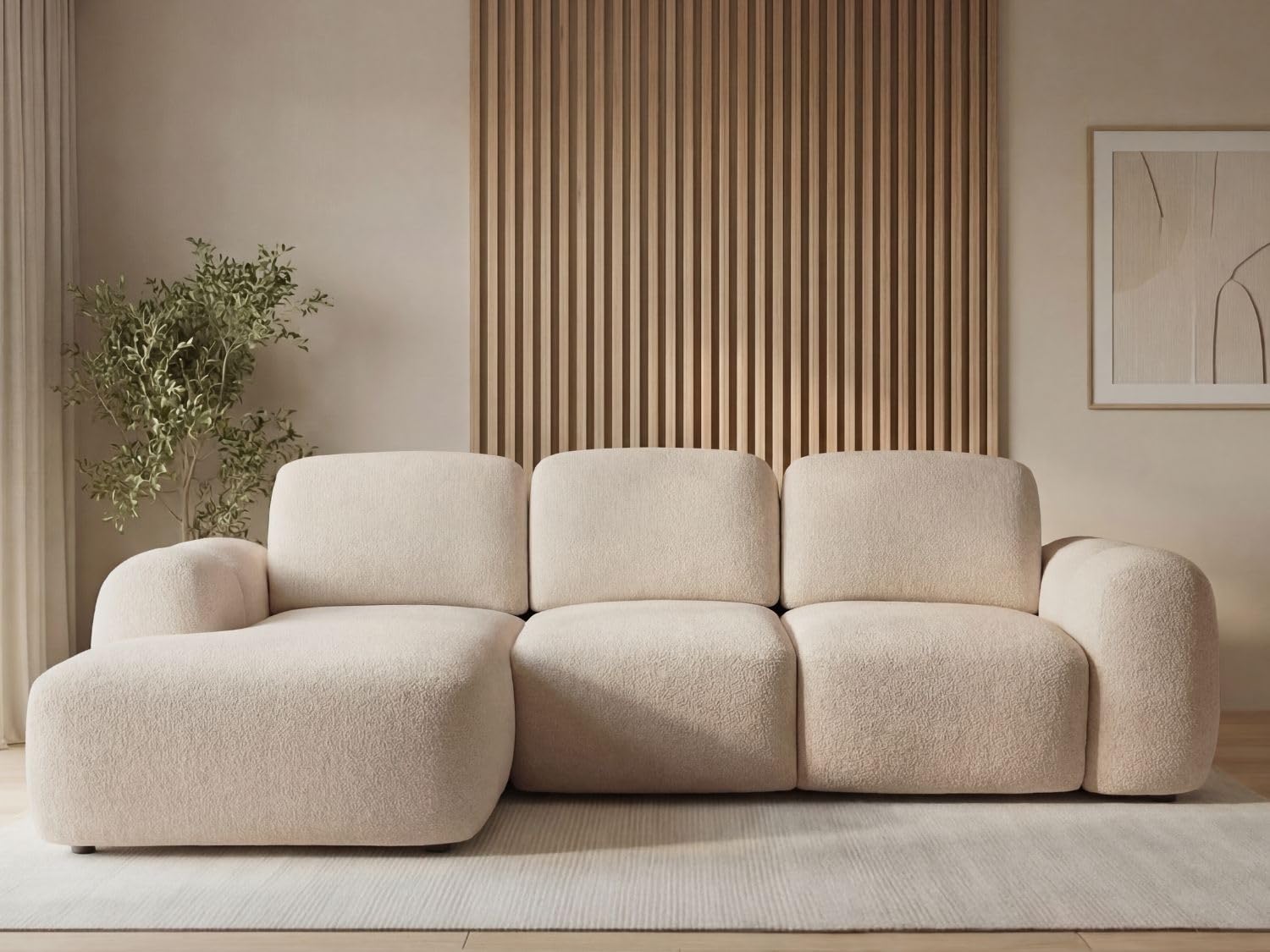 GRAINGOLD Avelin Ecksofa mit Schlaffunktion, 276x165 cm, L-Form Sofa, Schlafcouch für Wohnzimmer, Bouclé-Stoff, 4-Sitzer Eckcouch, Modernes Design (Beige, Links)