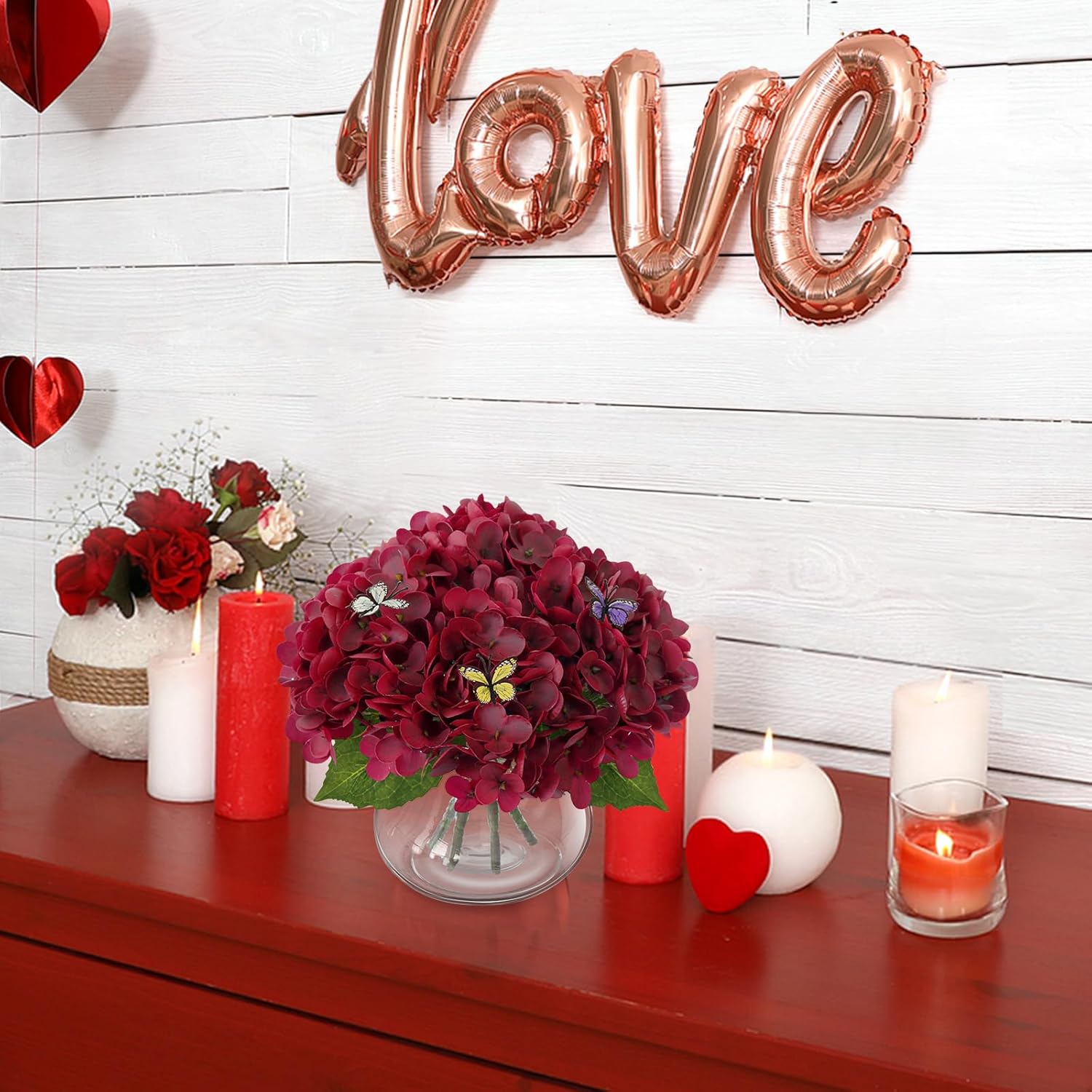 Leftover Red Hydrangea Artificial Flowers with Vase and Butterfly,Real Touch Fake Flowers,Red Rrtificial Flowers for Valentine's Day Decoration,Home Decor,Wedding Decor,Coffee Table Decor
