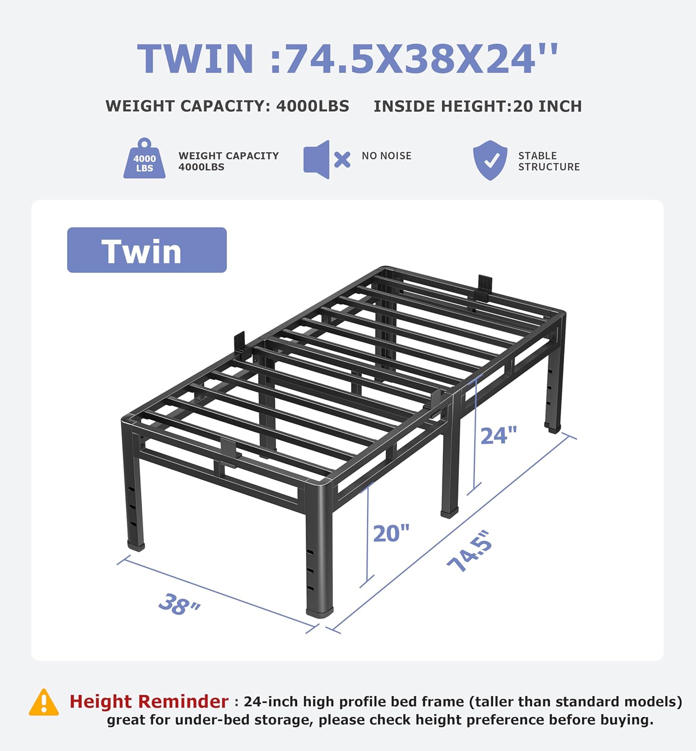 NKZ 24 Inch Twin Size Bed Frame, Metal Bed Frame & Box Spring 2 in 1 Platform with Round Corner Legs, 4000Lbs Heavy Duty Metal Frame, Mattress Slide Stopper, Headboard Hole, Noise-Free, Easy Assembly - Image 3