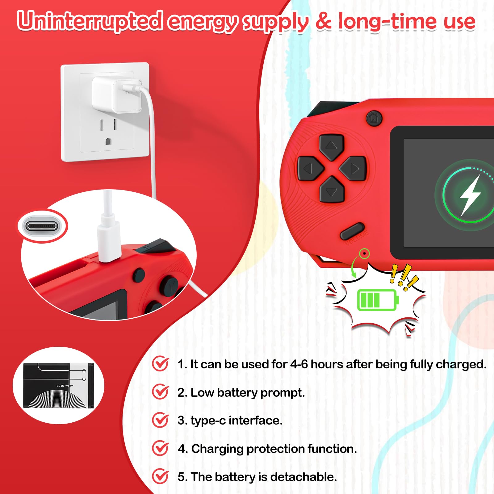 16 Bit Handheld Game for Kids, 3.0'' Large Screen Retro Gaming Player, Preloaded 200 HD Retro Kids Games with 2 Cartridges for Birthday Gift, Video Games for Boys & Girls Aged 4-12(Red)