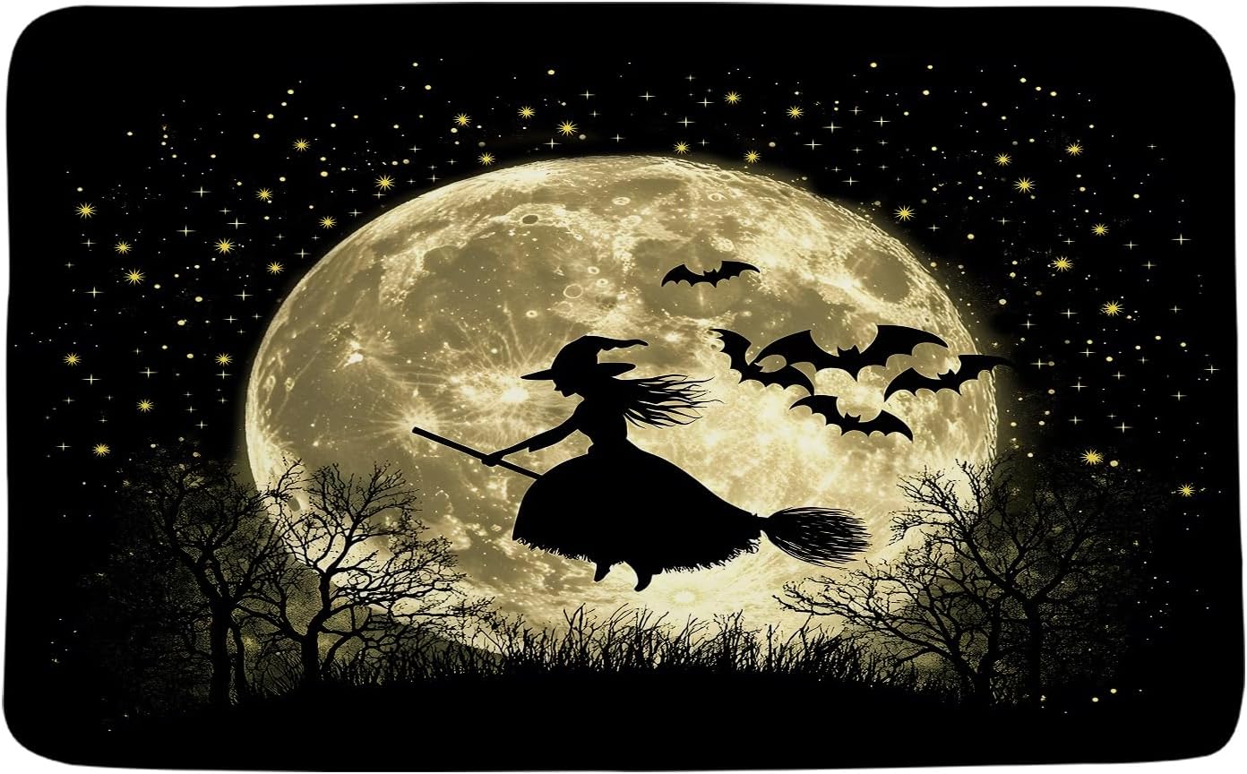 Spooky Halloween Bath Mat Scary Night Moon Witch Bat Dead Tree Forest Gothic Theme Bathroom Bathtub Floor Rugs Doormat Toilet Decor,24 x 60 in