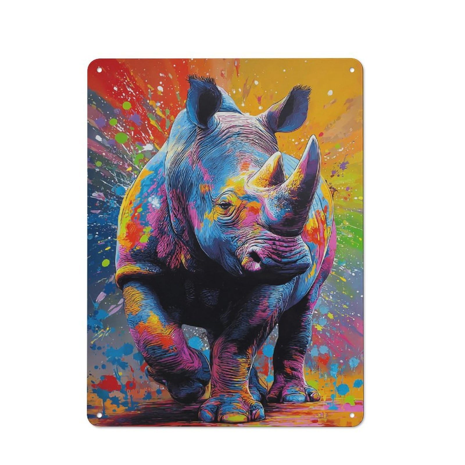 Junmoney Colorful Rhino Splash Art Rustic Tin Wall Plaque 40X30cm For Bar Or Restaurant, For Vintage Wall Decor Fans, For Garage And Workshop Walls