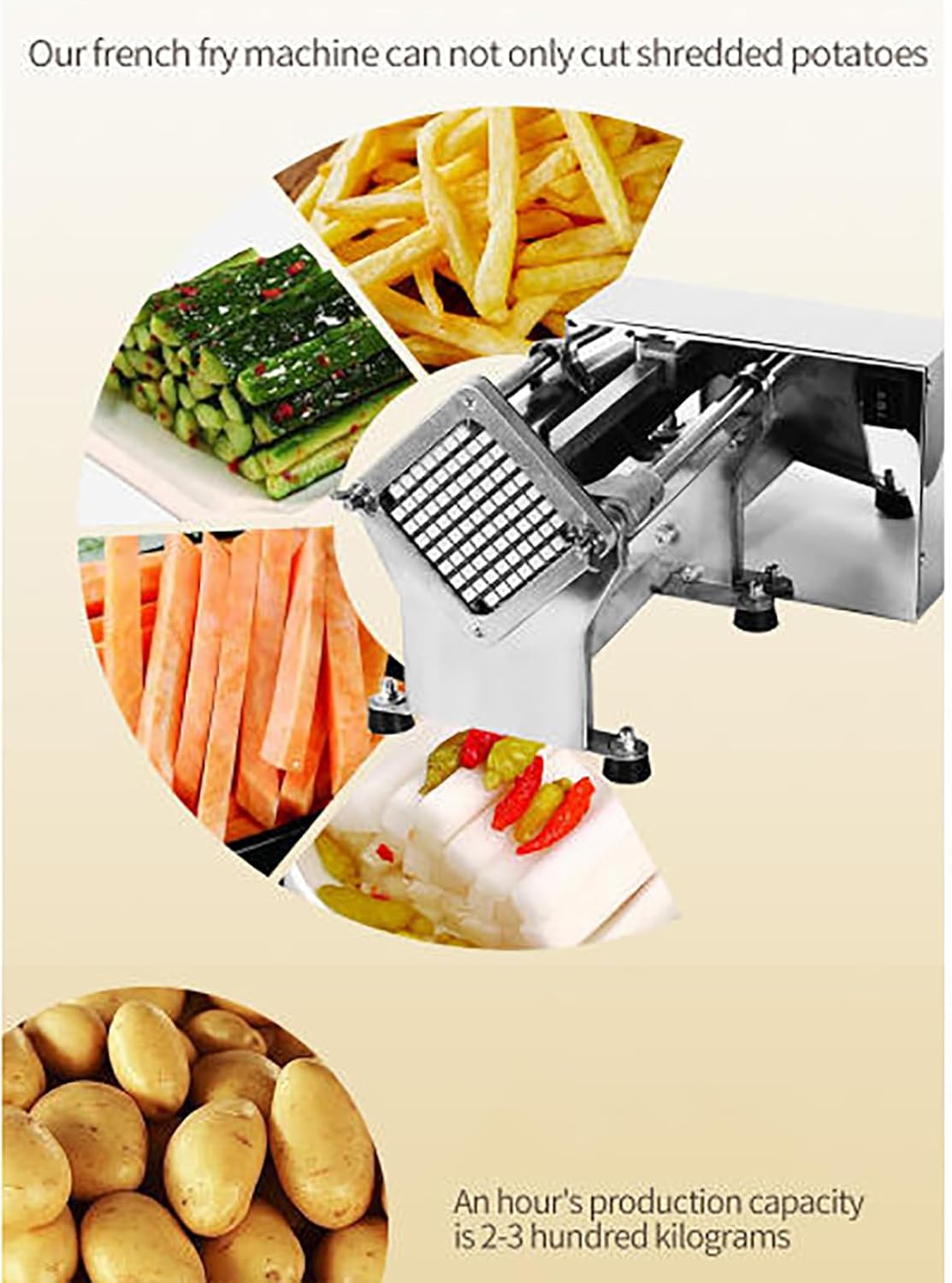 Electric French Fry Cutter Machine - Heavy Duty Potato Cutter with 6x6, 9x9, 13x13 mm Blades, High Output 200-300 Kg/H for Potatoes, Carrots, Cucumbers, Ideal for Restaurants and Home Use