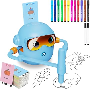 Peledic Drawing Robot Toy for Kids with 100 Word Cards & 12 Color Pens, Voice Interactive Educational Drawing Machine, Montessori Painting Toys for 3 4 5 6 7 8 Year Old Boys Girls Easter Gifts Blue