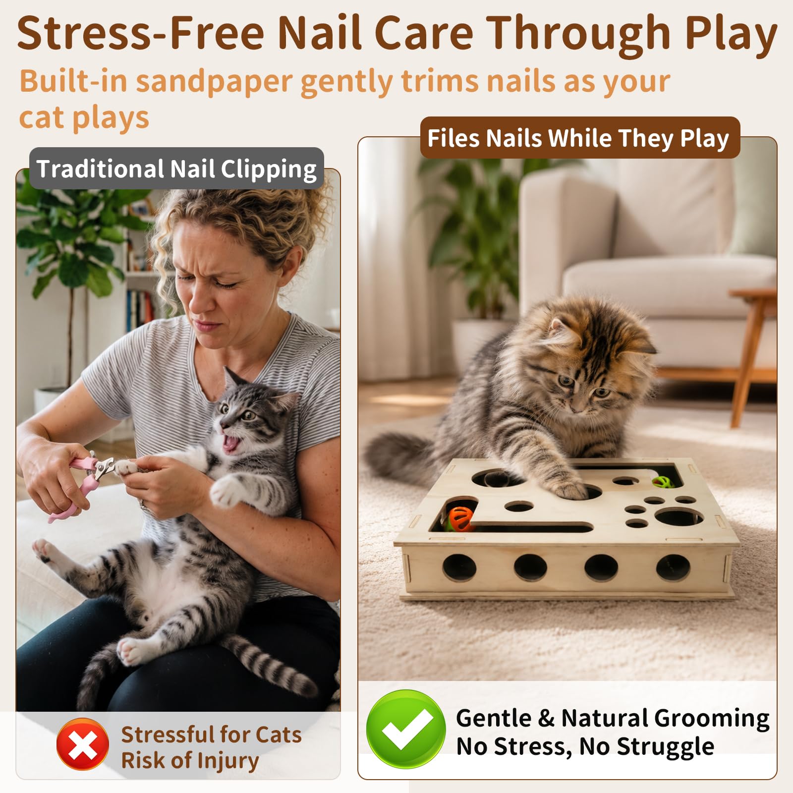 HA BIN 2-in-1 Kratzpuzzle für Katzen – Interaktives Katzenspielzeug mit Sandpapier-Nagelfeile, Holz Kratzbrett & Futterlabyrinth gegen Langeweile, Activity-Center für Wohnungskatzen