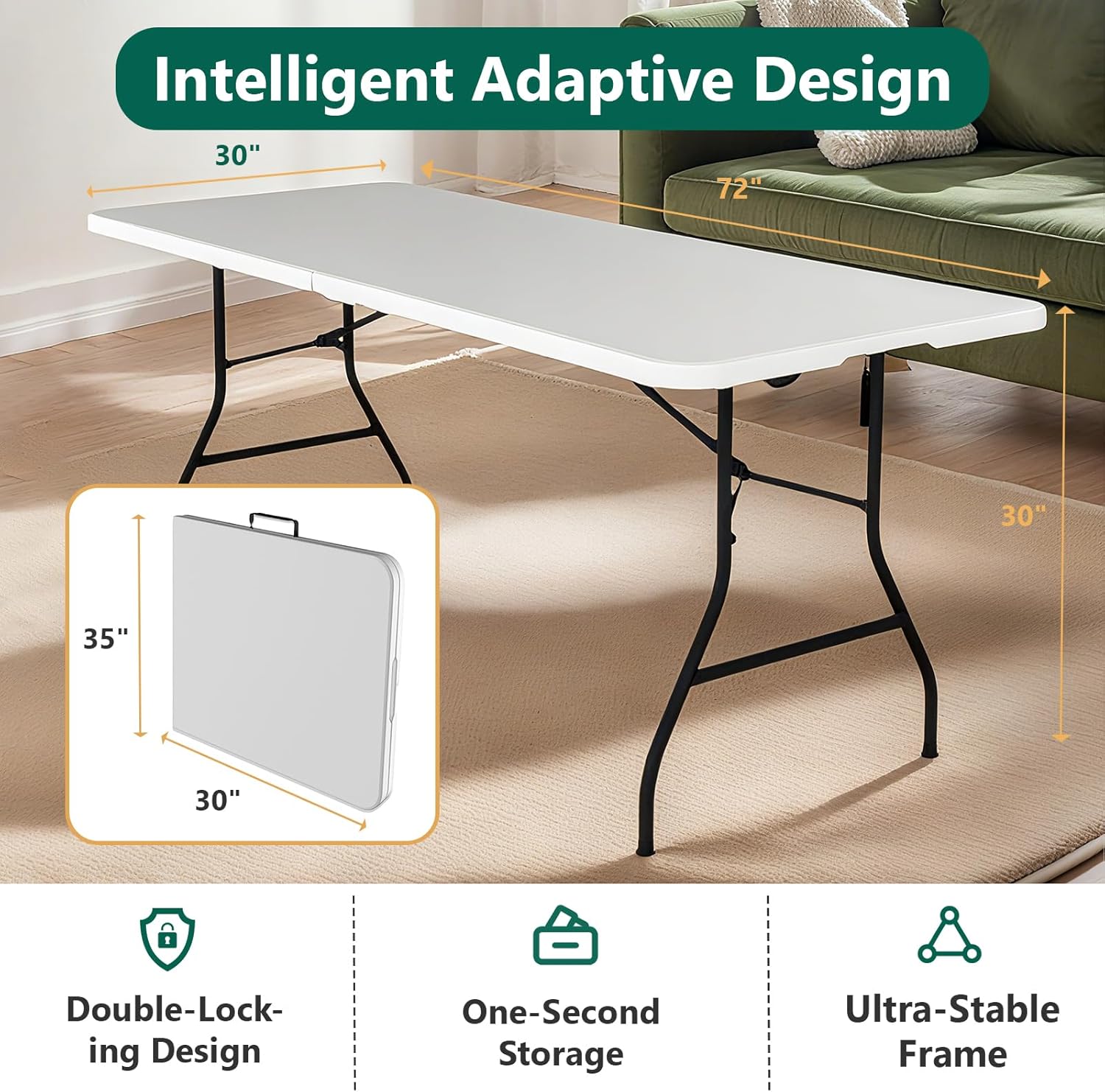 6ft Folding Table with Handle, Heavy Duty Plastic Table, 300 lbs Portable Table, Reinforced Steel Legs, High Density Plastic, Ideal for Parties, Picnics, Weddings,Camping (White)
