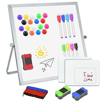 MENOLY Small Desk Whiteboard with Stand (9.8 x 9.8 inches) with 8 Colored Markers 2 Dry Erase Board 3 Dry Erasers 3 Dry Erase Sleeves 1 Magnetic Dry Erase whiteboard Sheet for Kids, Office