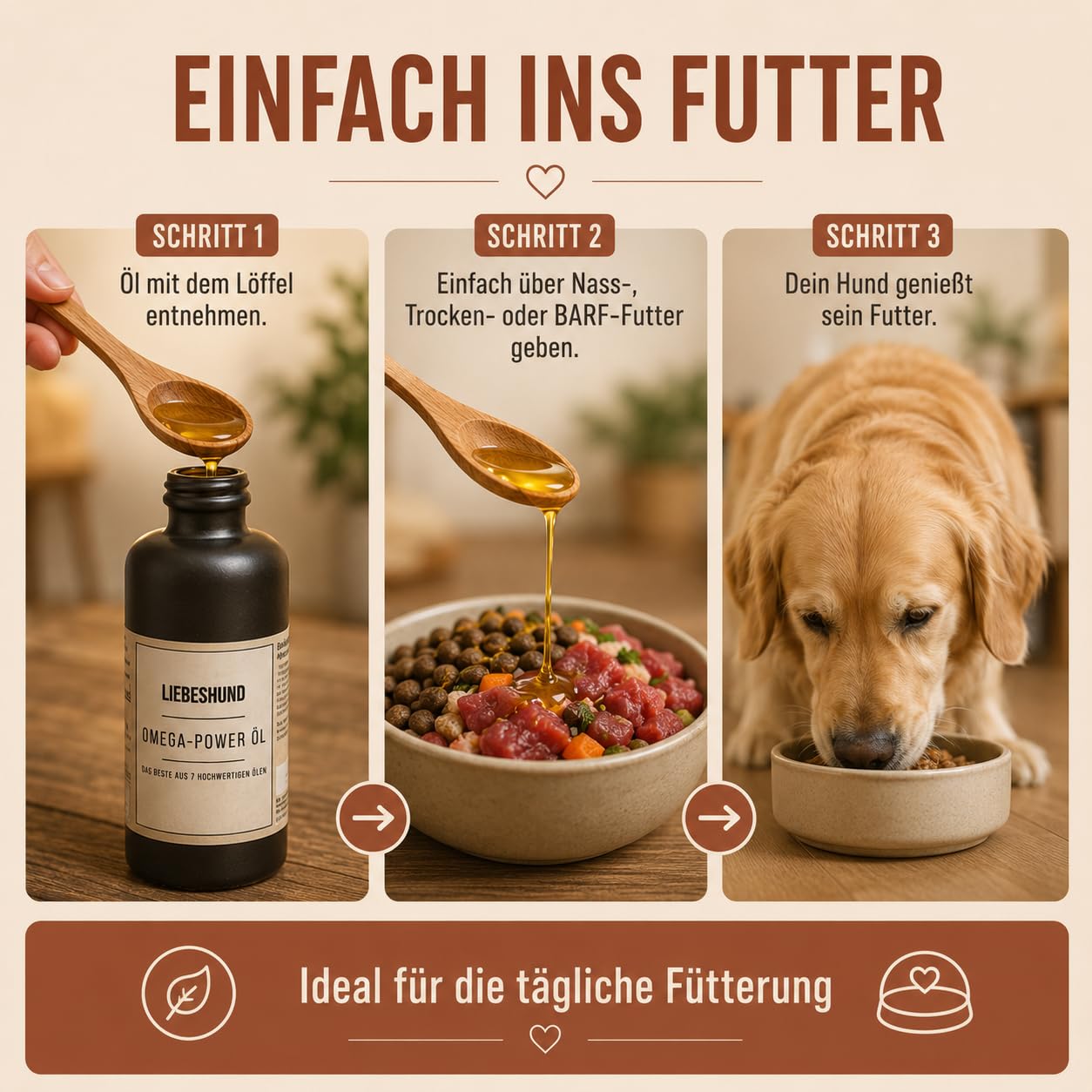 LIEBESHUND Omega-Power Hundeöl 500ml – Premium Barf Öl mit 7 Ölen für Hunde – Lachsöl, Leinöl, Hanföl, Schwarzkümmelöl – Omega 3-6-9 für Haut, Fell, Gelenke & Immunsystem - In Steinzeugflasche
