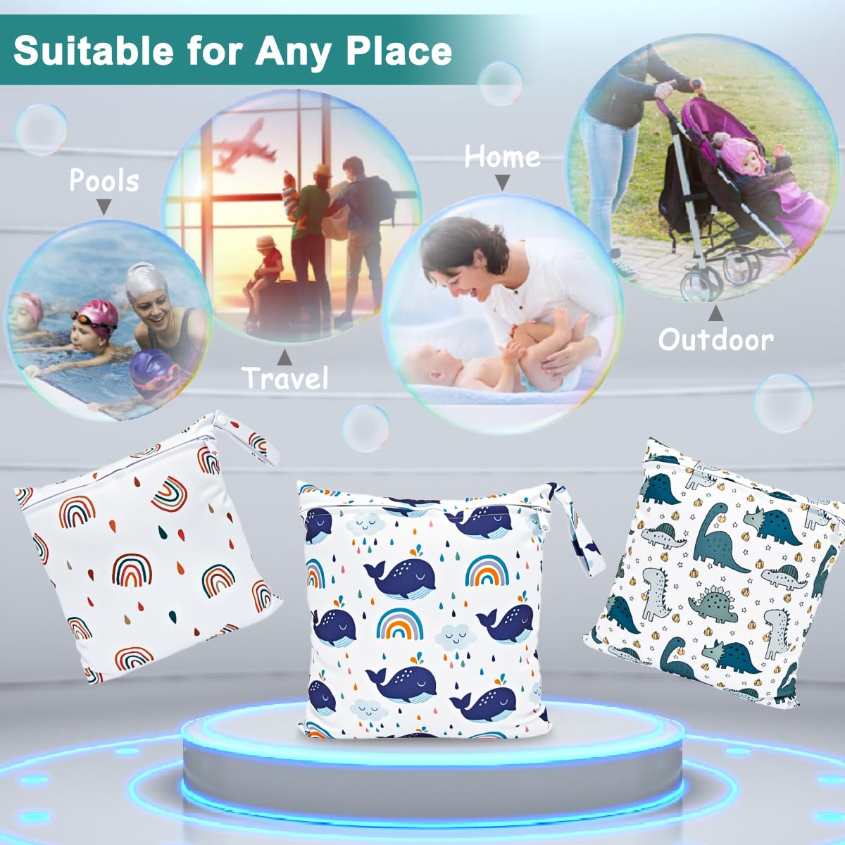 Bolsa de Pañales, 3PCS Bebé Reutilizable Impermeabilizan Bolsa con Cremallera Impermeable para Mamá, Wetbag Portátil Organizador de Viaje, Playa, Gym (Blanco)