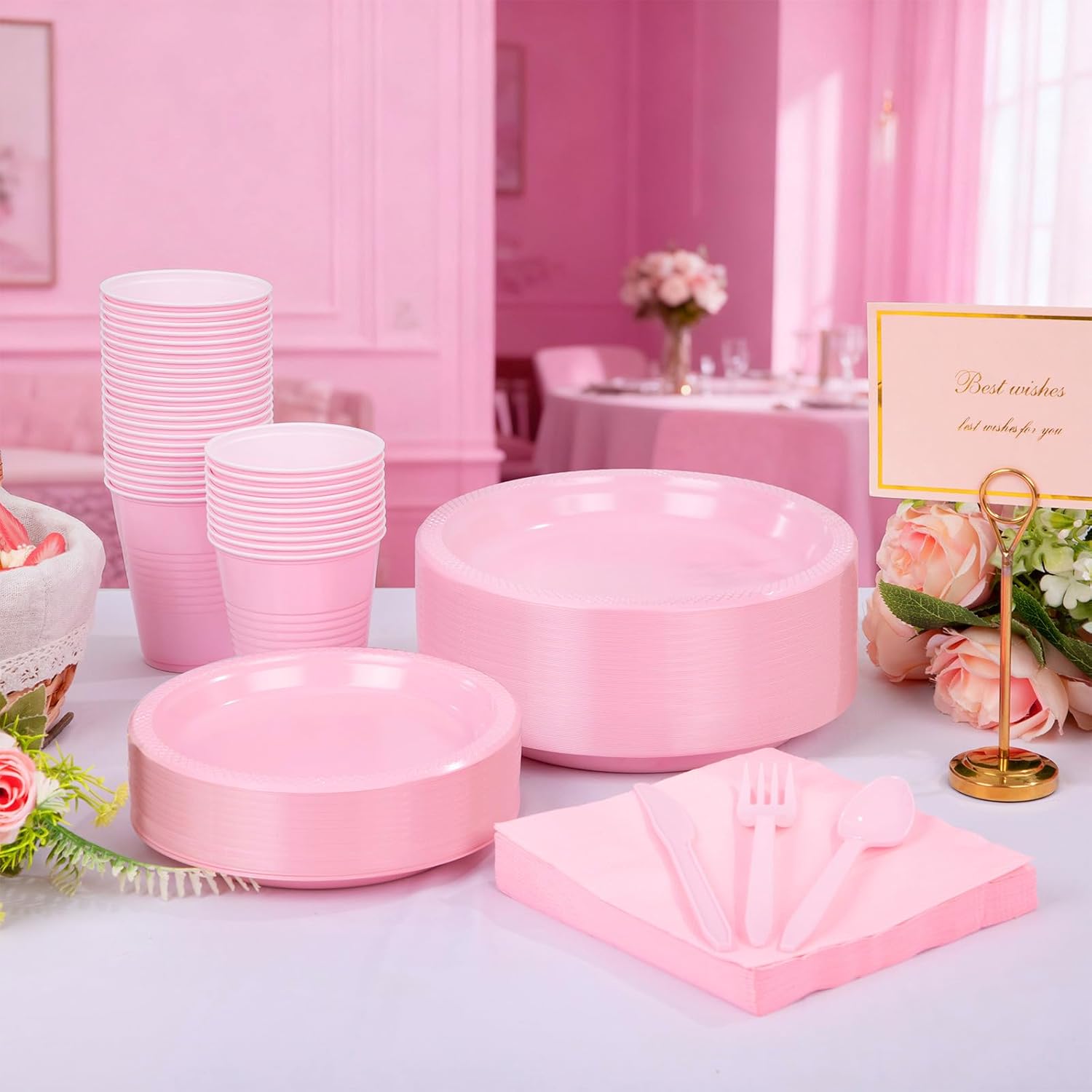 WELLIFE 210 PCS Pink Plastic Plates for 30 Guests - Disposable Dinnerware Set Including Dinner Plates, Dessert Plates, 12oz Cups, Cutlery & Napkins, Pink Party Plates for Valentines and Galentines - Image 4
