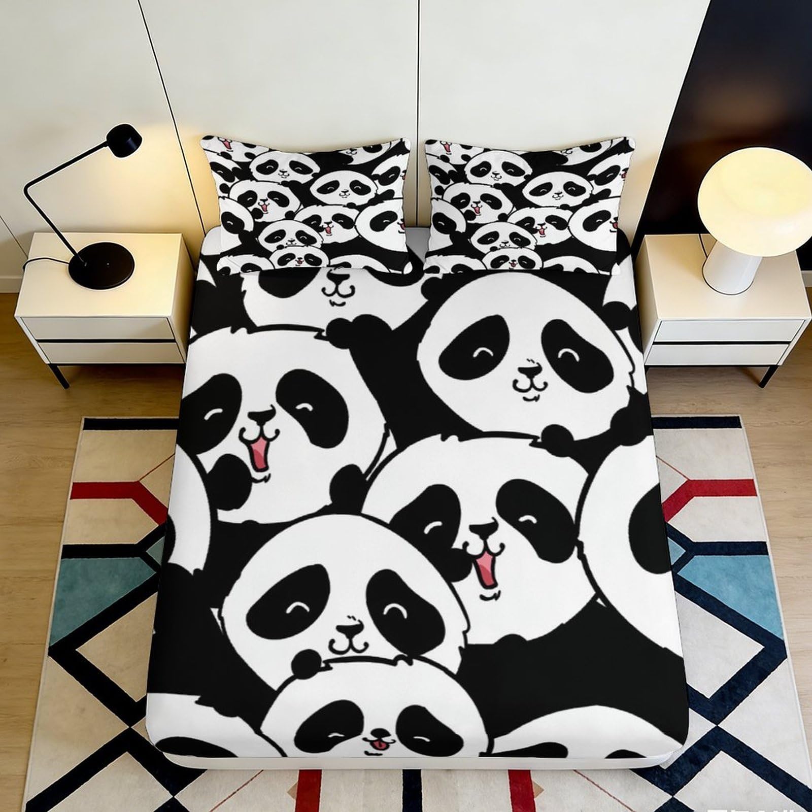 3D Printed Panda Fitted Sheet Microfiber Deep Pocket Bedroom Bedding Panda Mattress Fitted Cover Elastic Hem Washable 200x200x25cm 90x200x25cm