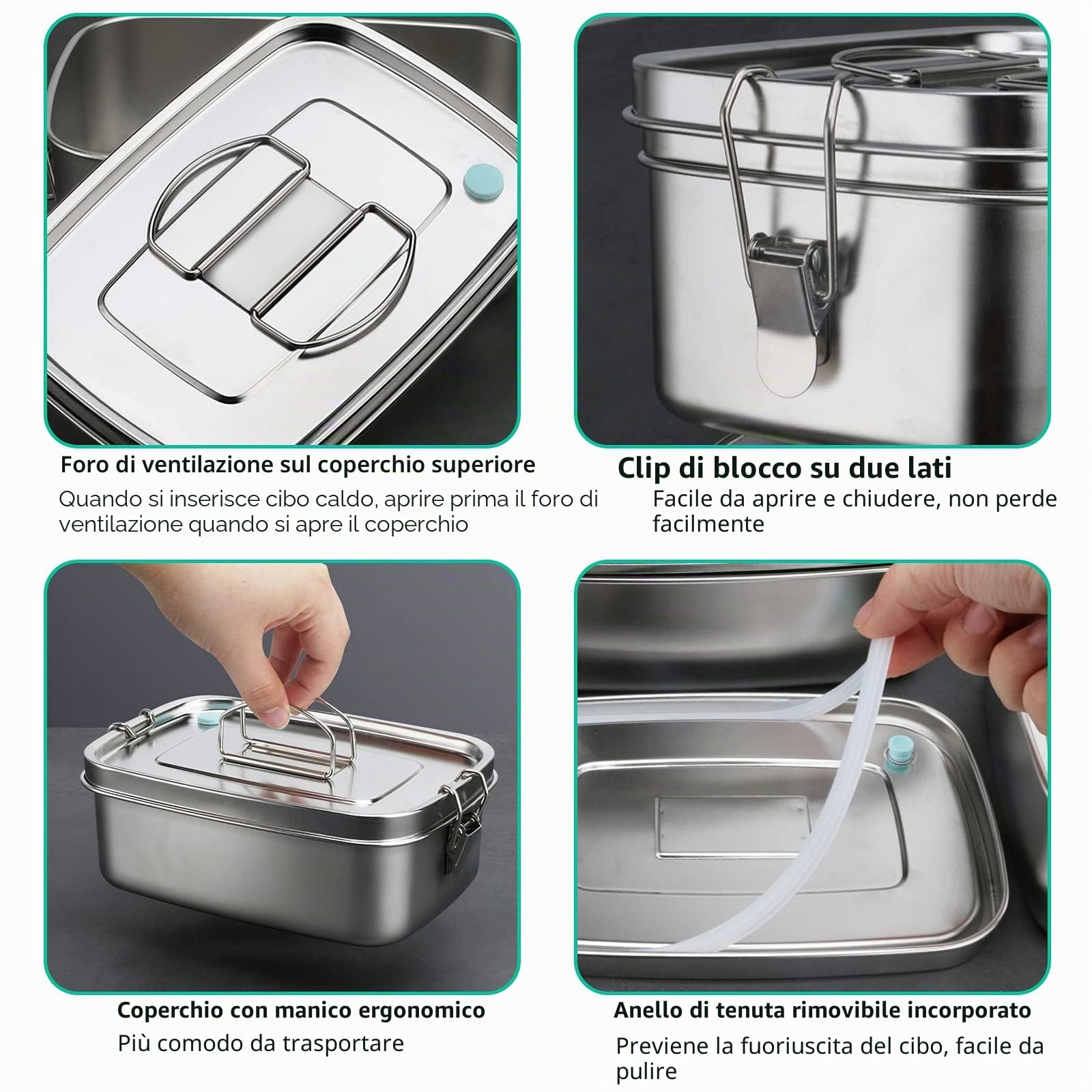 Porta Pranzo in Acciaio Inossidabile, 1100ML Lunch Box con Partizione Rimovibile, Lavabile in Lavastoviglie, Adulti e Bambini Bento Box a A Prova di Perdita per Scuola, Picnic, Viaggi