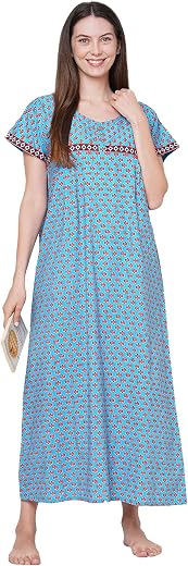 Evolove Women's Cotton Long Maxi Night Gown Nighty Dress with Pocket &amp; Stylish Button, Super Soft Comfortable (LNG-Button)