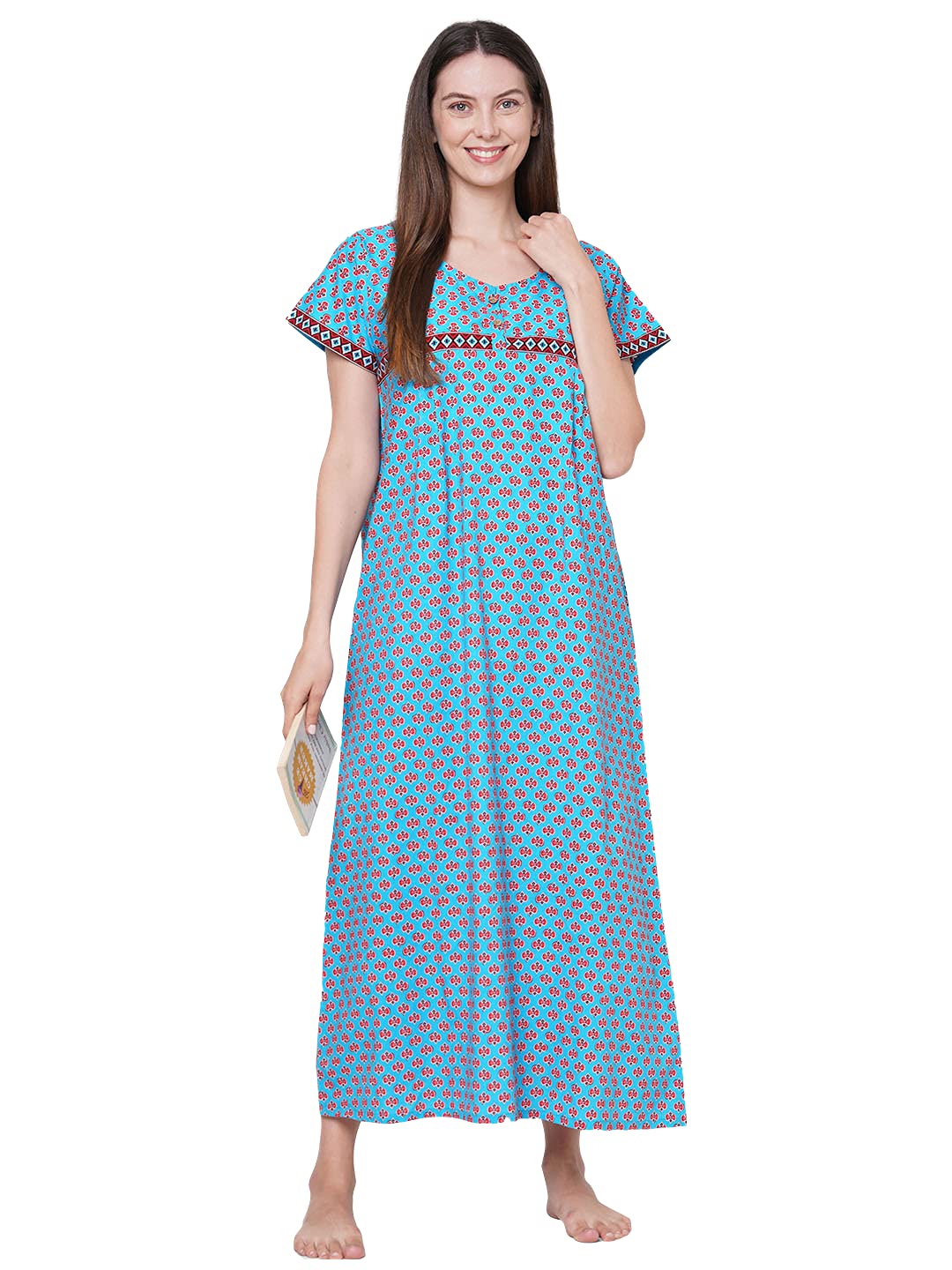 Evolove Women’s Cotton Long Maxi Night Gown Nighty Dress with Pocket & Stylish Button, Super Soft Comfortable (LNG-Button)