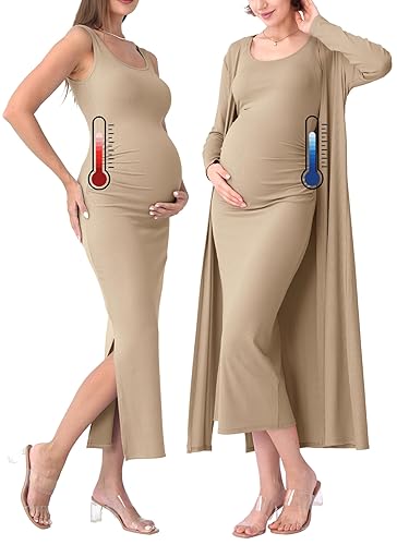 Rnxrbb 2 PCS Spring Summer Maternity Dress Cardigan Set Bodycon