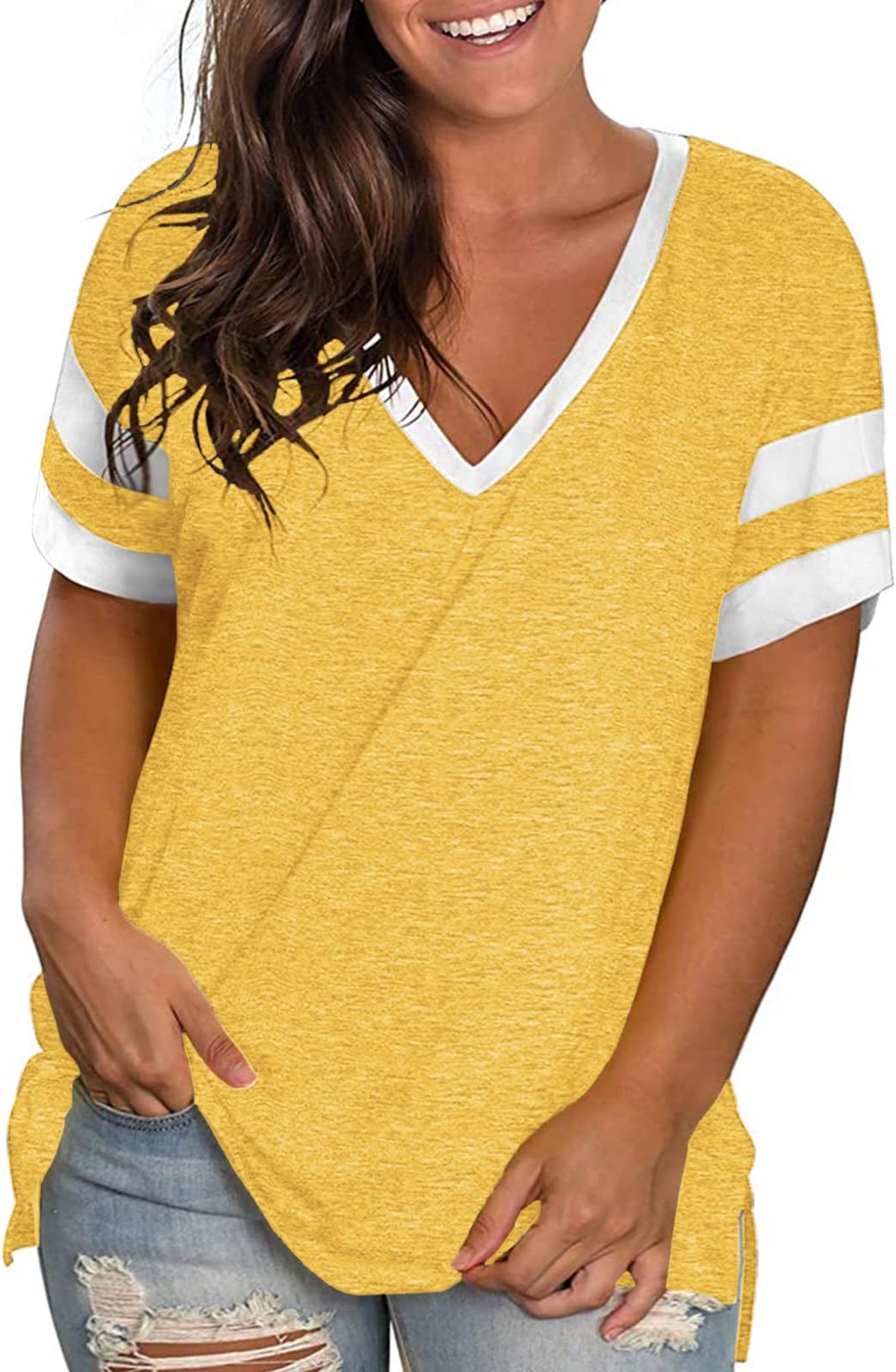 ROSRISS Plus-Size Womens Tops V Neck Color Block Tee Side Split Striped Tunics