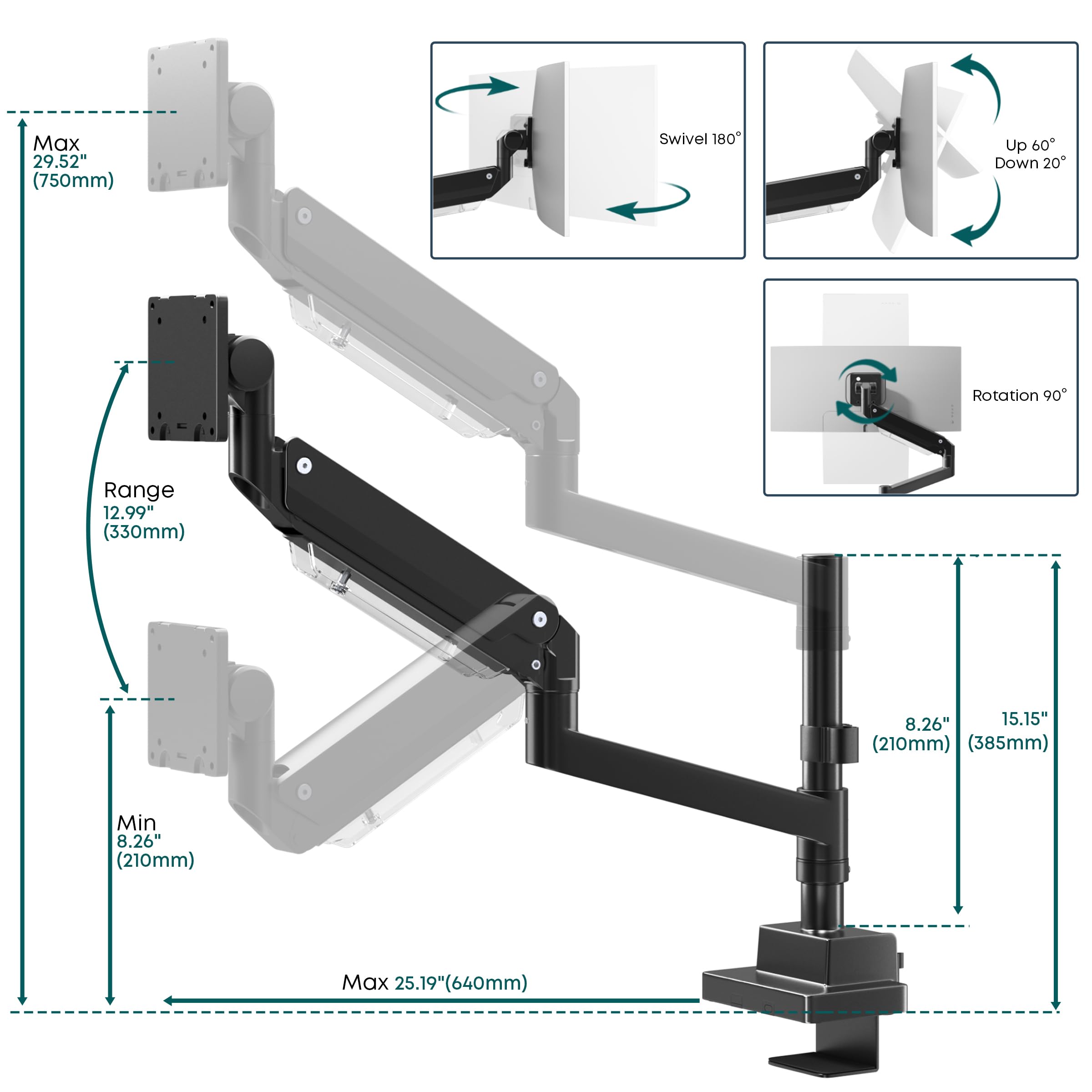 Brazo de Monitor con Resorte de Gas para 17-57 Pulgadas,Soporte de Escritorio Poste Vertical,Carga 27 kg,VESA 75/100/200 mm (Negro)