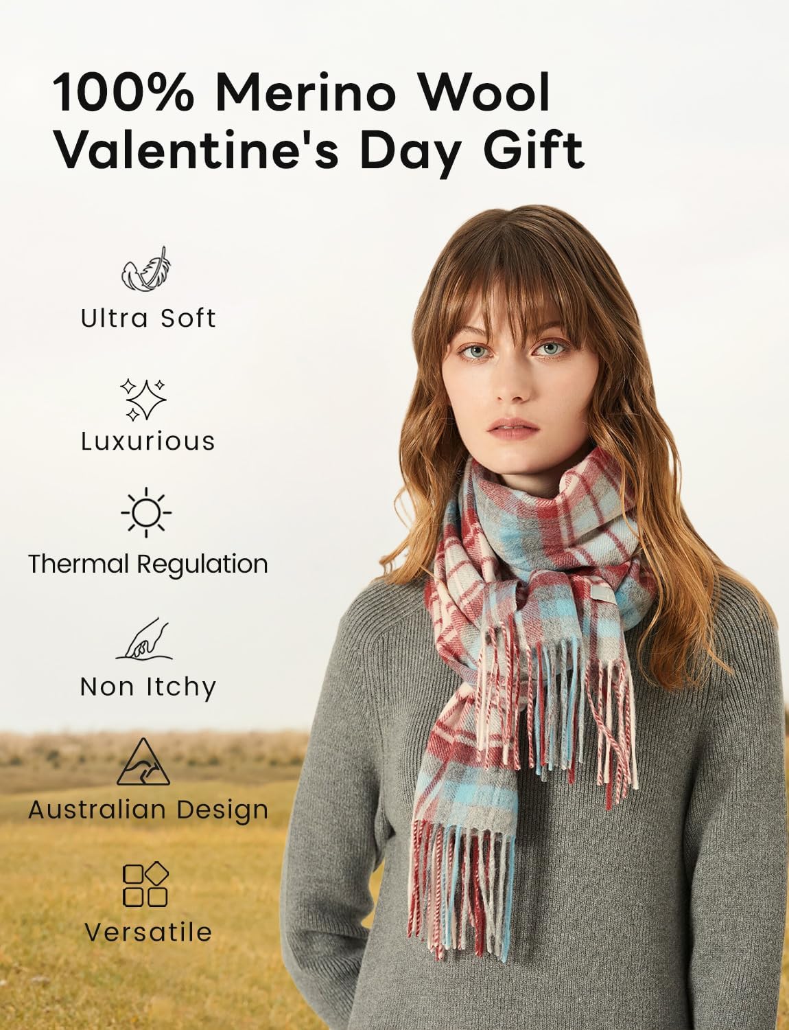 100% Merino Wool Winter Scarf for Women Cashmere Pashmina Soft Luxury Warm Shawl Wraps Stole Valentine's Gift - Image 2