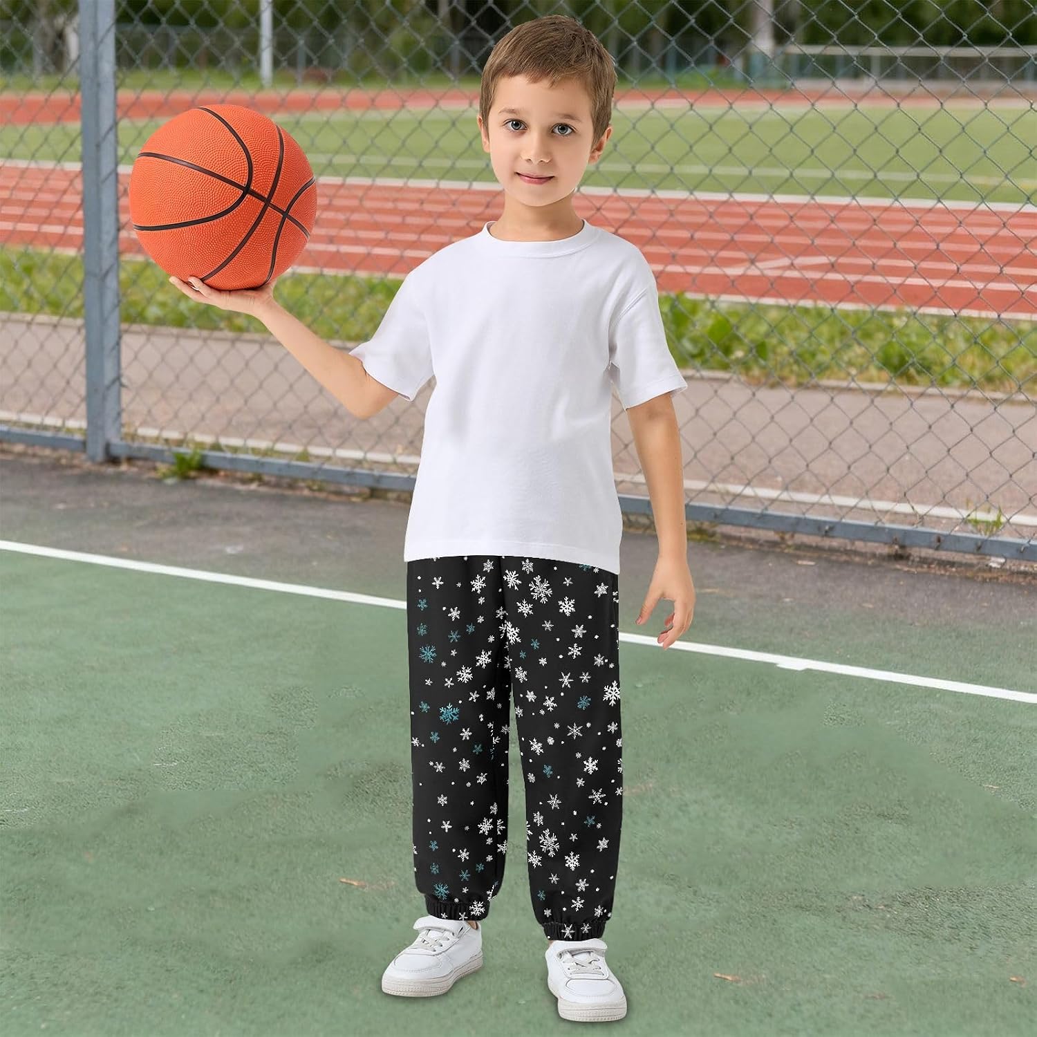 Boy Sweatpants Winter Snowflake White Blue Joggers Casual Athletic Pants Kids Elastic Waist Cuffed with Pockets