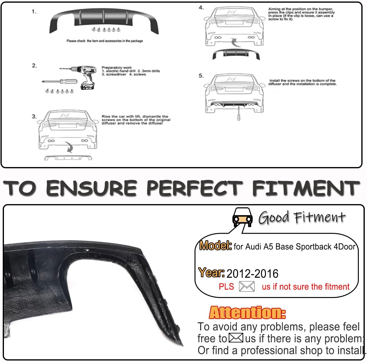 Carbon Fiber Rear Diffuser for Audi A5 Sportback 2012-2016 Rear Lower Bumper Lip Spoiler Body Kit Factory Outlet (Not for A5 Sline & S5)