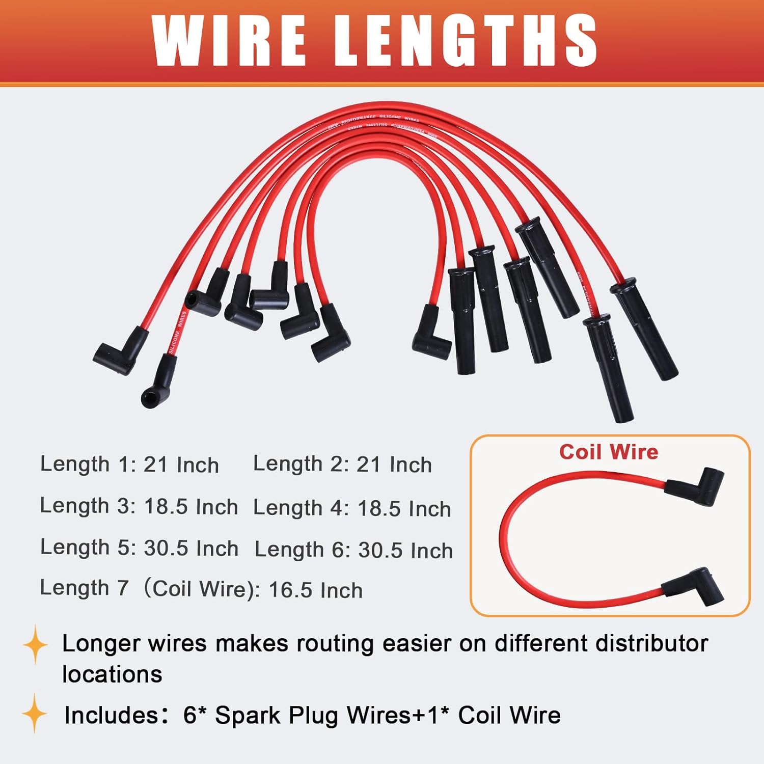 RLP Silicone Spark Plug Wires Set 8.0mm Red for HEI Distributor Compatible with Ford Truck 6 Cylinder 250 300 4.9L with Coil Wire
