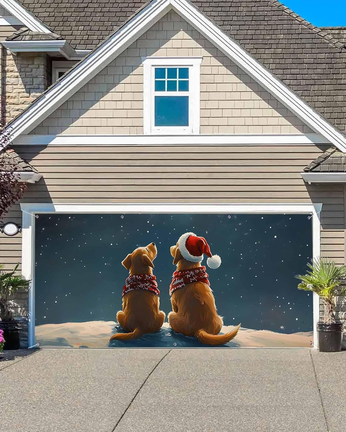Garage Door Decorations Banner Cover 7x8 Ft Outdoor Garage Door Cover Winter Christmas Night Dogs Moon Stars Large Hanging Backdrop Mural Wall Background for Holiday Party Winter