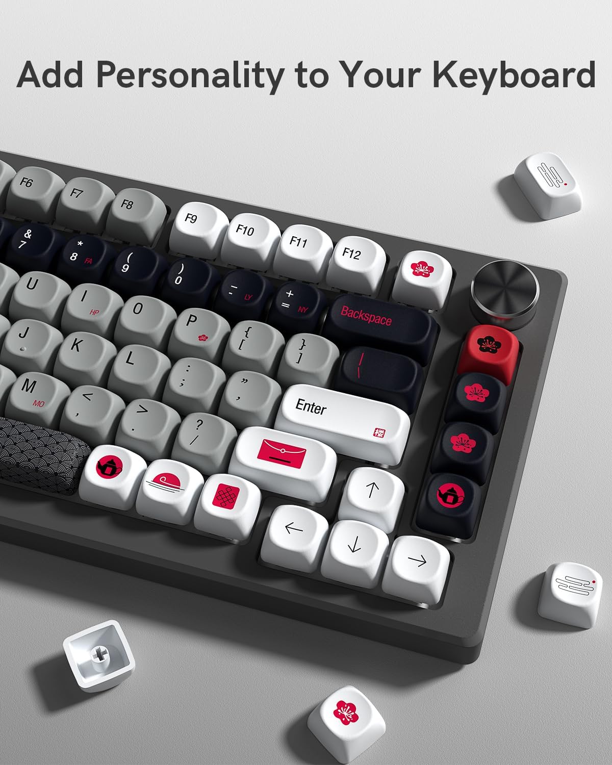 MOA Profile PBT Keycaps,132 Keys Janese Style Gray White Red Keycap Set, Dye-Sublimation, MOA Profile, Cute Anime Theme for Most 60% 65% 75% 80% 100% US Layout Cherry MX Switches Mechanical Keyboard