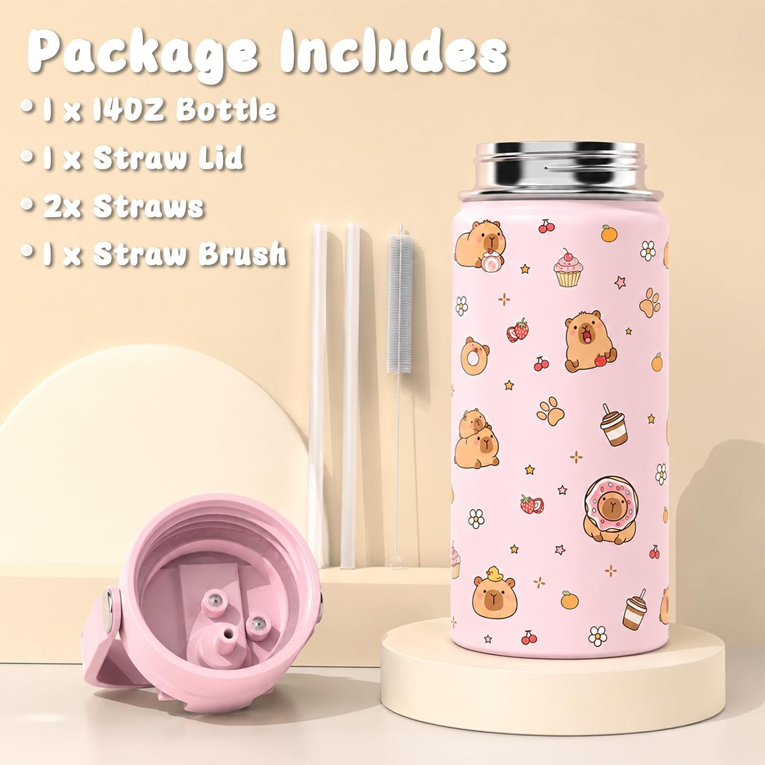 5PCS Capybara Backpack for Girls Kids with Water Bottle & Lunch Box(Pink) | Kapybara Bookbag w/ Bento Box & Insulated Tumbler & Lunch Bag & Pencil Pouch, Schoolbag for Kindergarten Elementary Preschool thumbnail