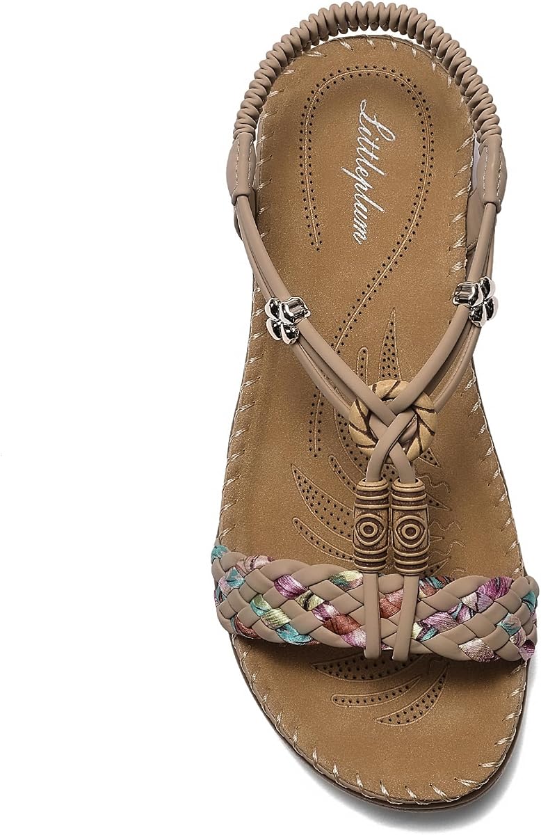 Littleplum Women Sandals Arch Support Handmade Bohemian Braided Flat Sandals Comfort Walking Beach Ankle Elastic Summer Shoes
