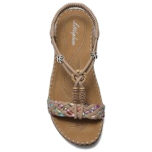 Littleplum Women Sandals Arch Support Handmade Bohemian Braided Flat Sandals Comfort Walking Beach Ankle Elastic Summer Shoes