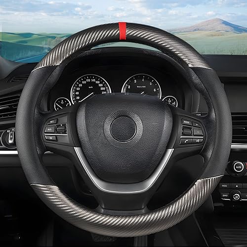 Miniatura 3 de Osilly Funda para volante de automóvil, protector antideslizante de 15 pulgadas, fibra de carbono y microfibra, funda de volante de piel sintética