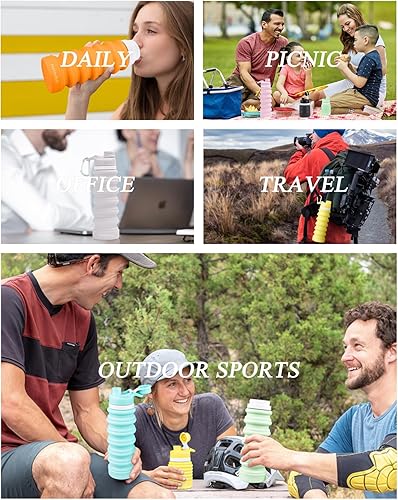 Vista 10 de Nefeeko Botella de agua plegable de silicona de 26 onzas, a prueba de fugas, sin BPA, botellas de agua de viaje con mosquetón, botellas de agua